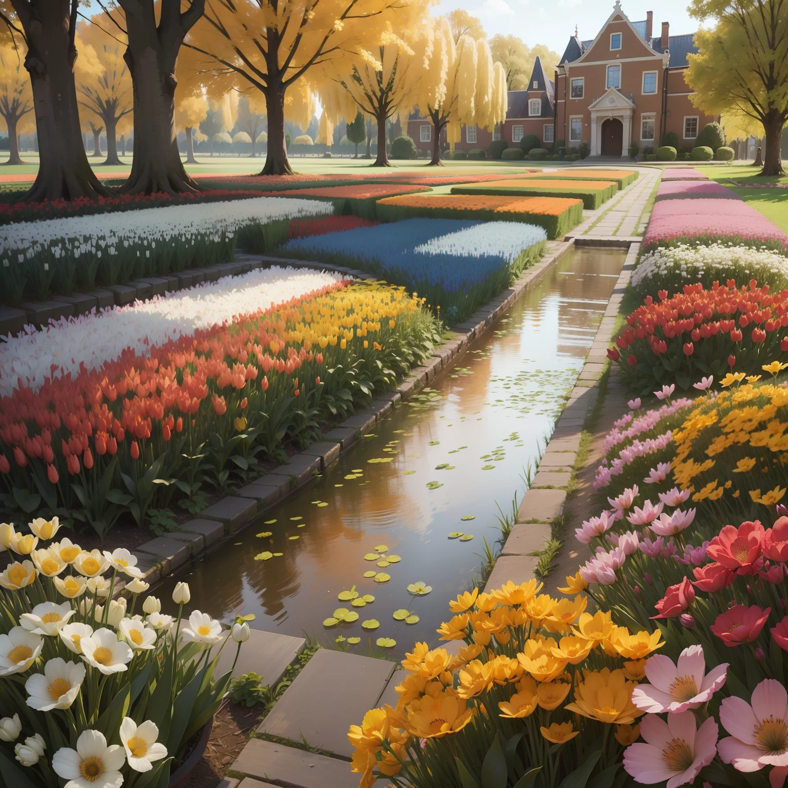 Imagine um campo de flores mistas na Holanda, with a variety of colorful and lush species. Tulipas, jacintos, narcisos e outras flores se misturam em um verdadeiro jardim de cores, criando uma imagem deslumbrante que celebra a beleza da natureza e o amor pelos campos floridos holandeses.