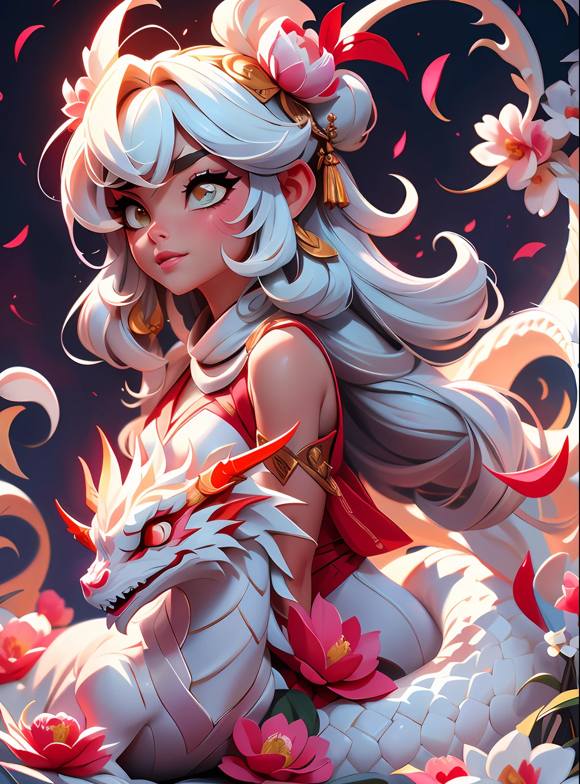 (Foco Positivo),, dynamic lighting, art-station, poster, Volume Lighting, Rostos Muito Detalhados, Papel de Parede 8k, 1 Menina de Cabelo Branco Longo, Ornamento de Cabelo com Franjas Vermelhas, Peony Flower Hair Ornament, dynamic perspective, China-style, Hanfu Branco, Faixa Vermelha, Fita Voando, sedution, Sexy, Pintura a Tinta Tradicional Chinesa, Nuvens Brancas Cercadas, Soft White Chinese Dragon, Dragon's Head Facing in the Same Direction as Girl, White Dragon Horn, dynamic perspective, film lighting,