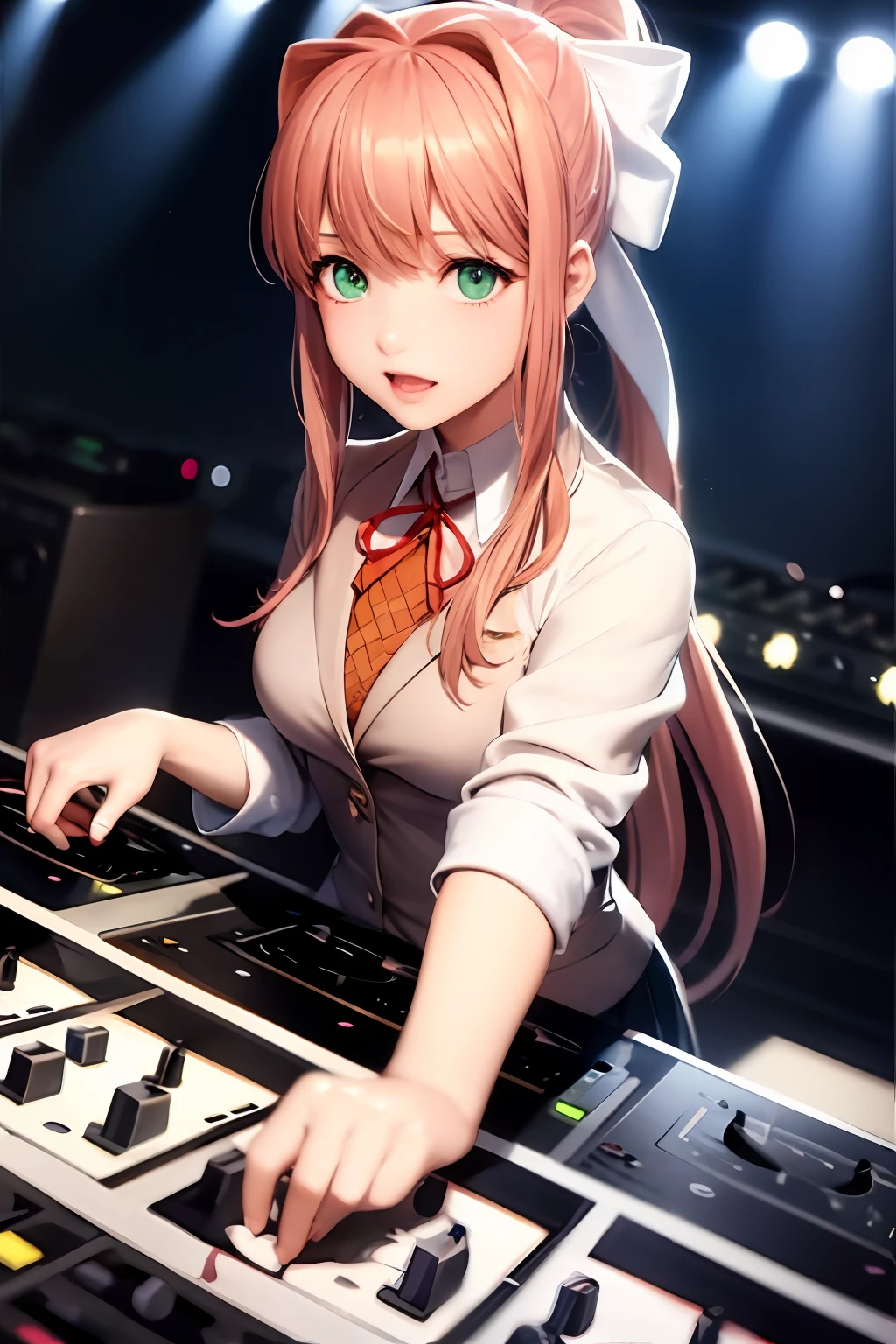 "A solo shot featuring monika, school uniform , green eyes, brown hair, very long hair, ponytail, hair ribbon, white ribbon, a DJ, showcasing her skills on the turntables at a vibrant rave."