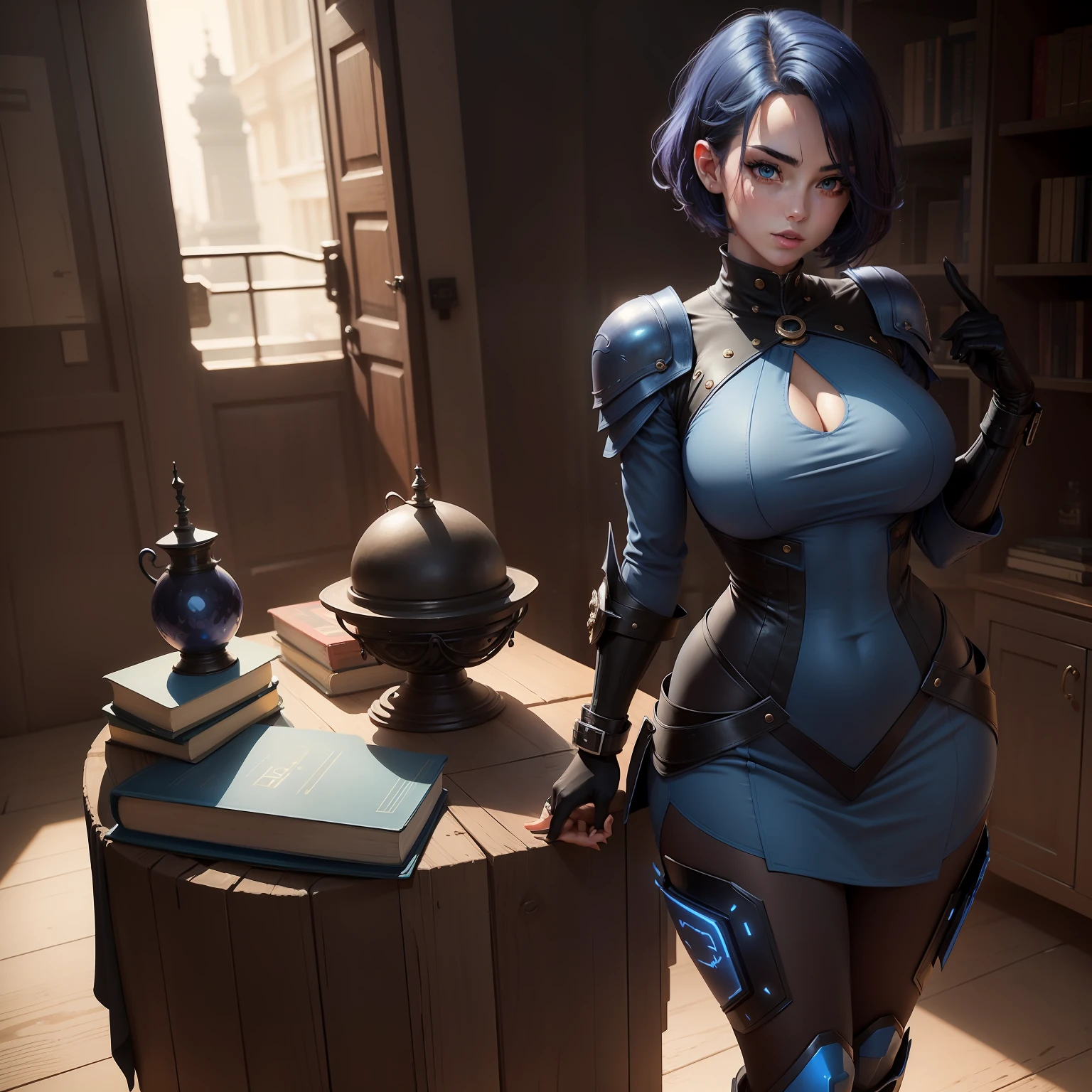 Female teacher in sexy blue battle dress,Holding a thick black spell book on his chest,She has a fair and delicate goose egg face,pretty nose,Ruddy and plump cherry small mouth,Short blue hair and medium,A pair of beautiful eyes,Clear as spring water,She was tall and slender,Beautiful curves,A pair of well-proportioned beautiful legs,This is a pair of blue-gold boots,cyber punk style