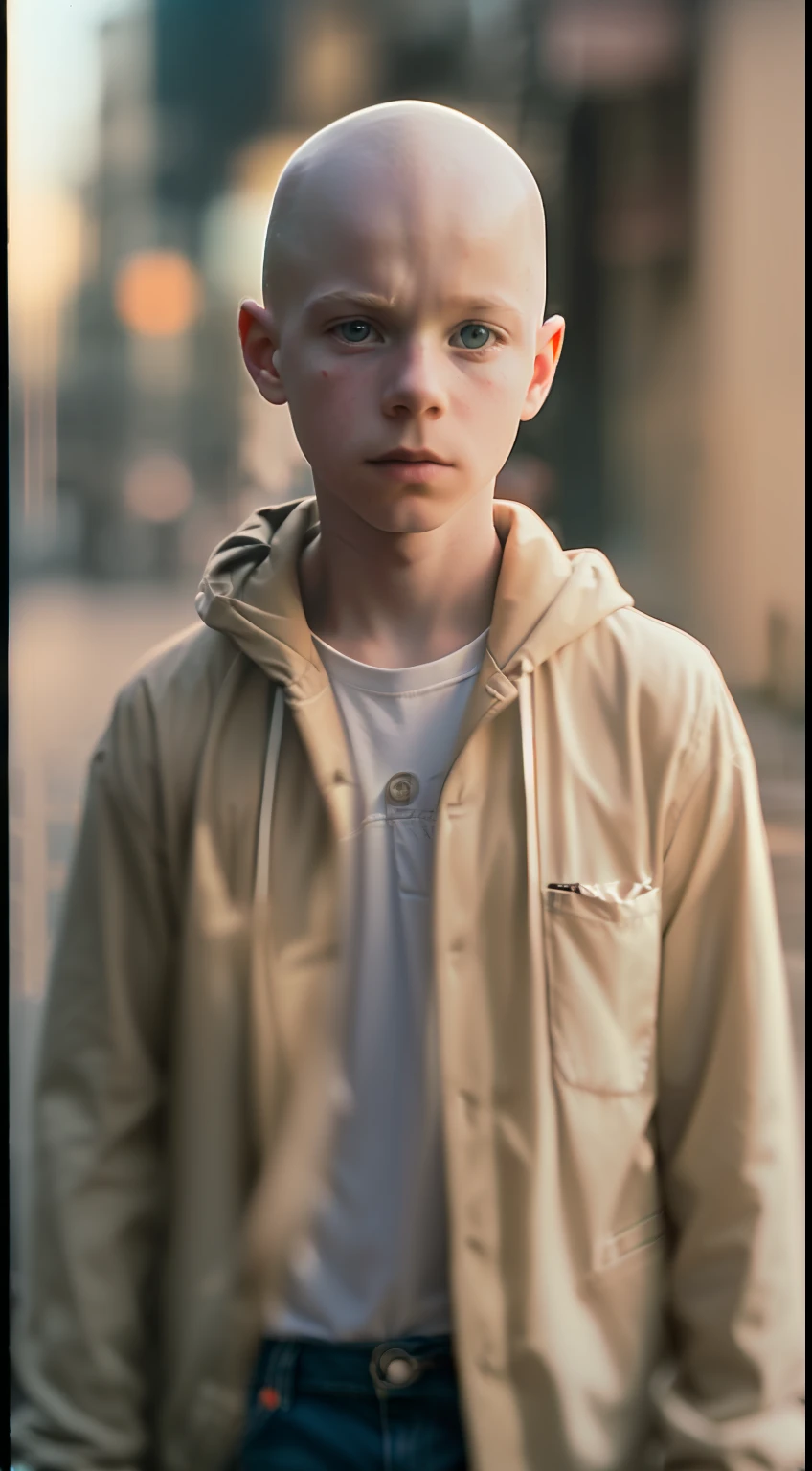 (
    (Character: one albino boy, (************), pale skin, shaved hair, bald, scars)
    (Clothing: beige straightjacket, torn jeans, sneakers)
    (Posing against a city street at night)
    (Abstract colors, texture, film grain, analog style, cinematic movie still frame)
    (Skin pores, dusty atmospheric haze, vignetting, wrinkles:0.2, intricate hasselblad dslr RAW dramatic portrait photo, eye contact, nofilter selfie, (backlit)1.2, (film grain)1.2)
)