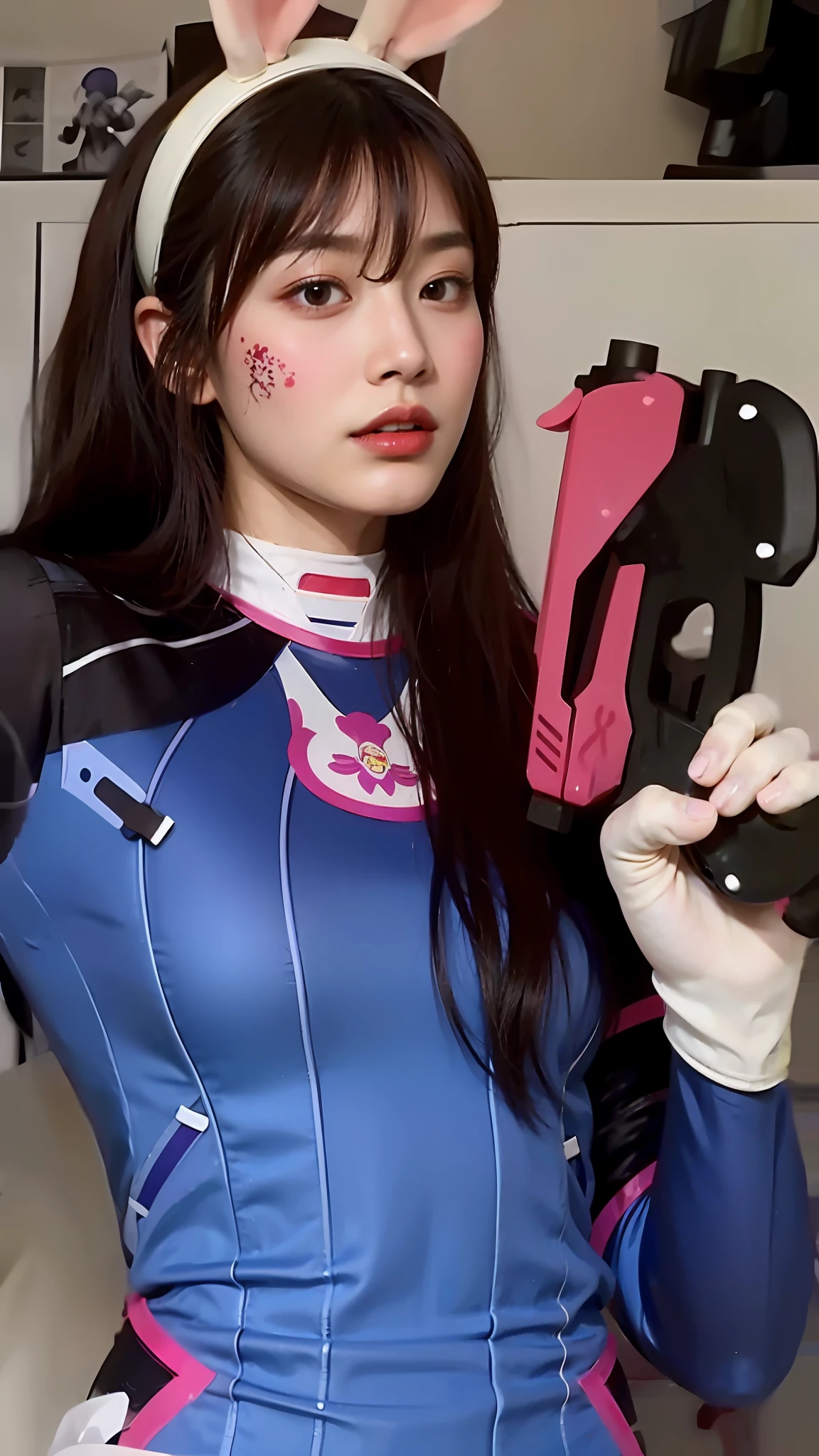 Beauty in blue holding a pistol，Realistically play the role of Overwatch Kaida in the style of Leng Mei，League of Legends inspiration with Irelia