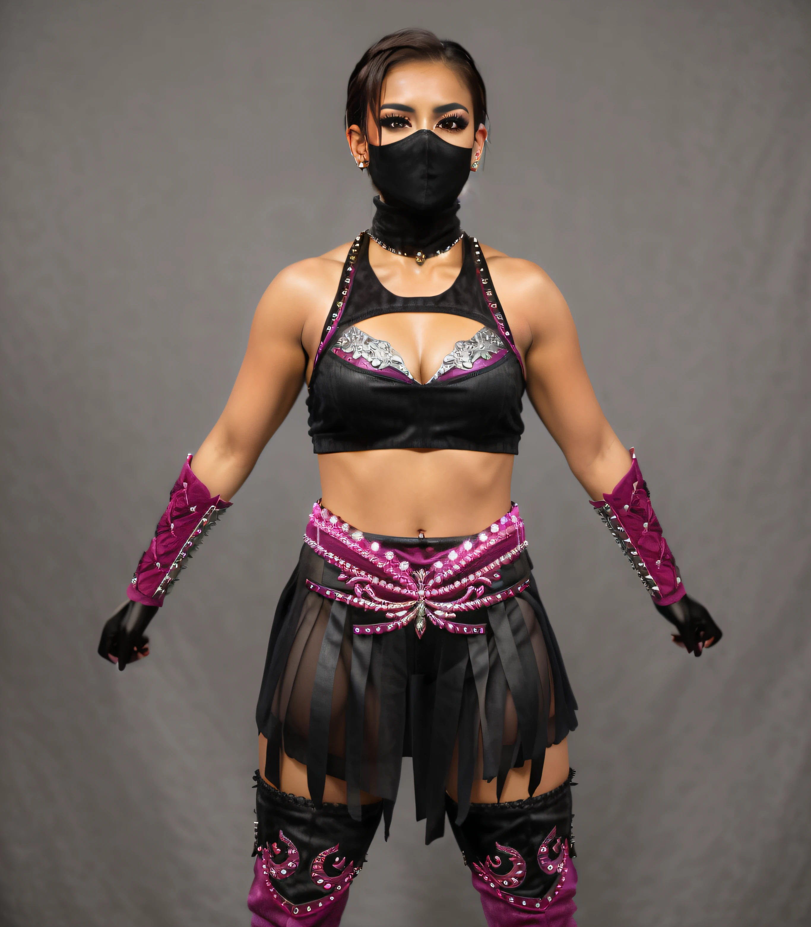 ((masterpiece, best quality)), Hispanic female wrestler with short brown hair, with black velour shawl, black and magenta velour ornate bra with silver studs, black and magenta velour ornate tassel miniskirt with silver studs, black and magenta velour ornate bracers with silver studs, black and magenta velour ornate long-boots with silver studs, photo realistic, intricate details