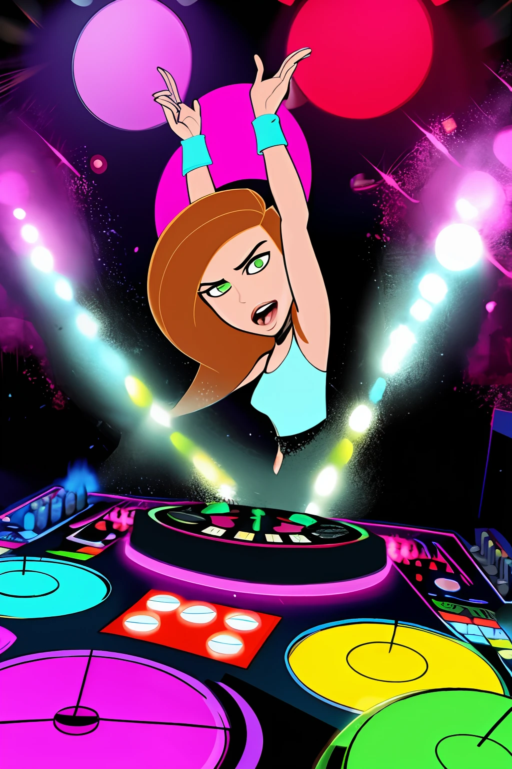 "A solo shot featuring kim possible a DJ, showcasing her skills on the turntables at a vibrant rave."