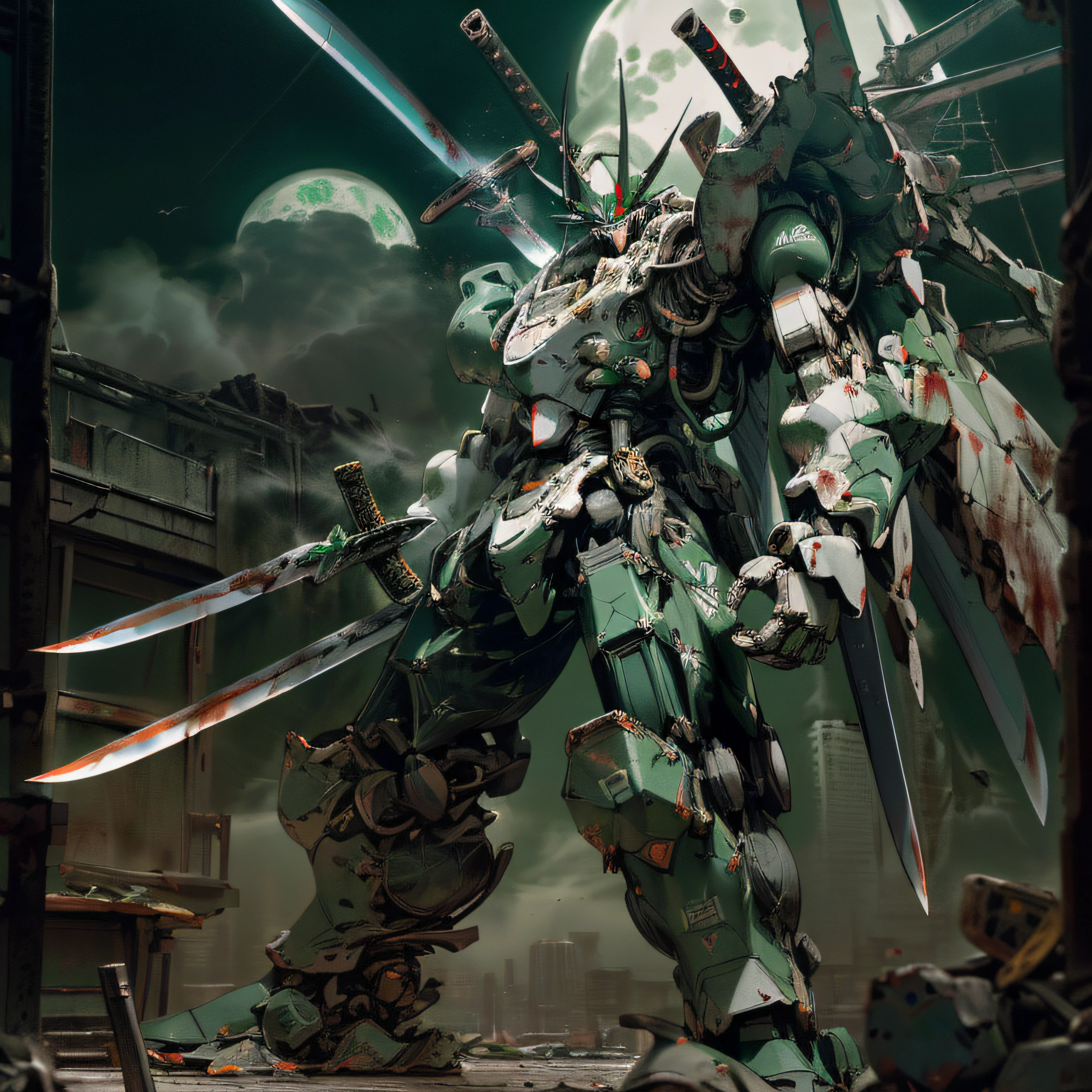 (RAW photo, best quality), (realistic, photo-realistic:1.3), (moon, destroyed city background:1.2), ((destruction background:1.2)), heavy armor, (huge mecha:1.2) , (Extremely aggressive), (bad, evil:1.3), (unholy, dark:1.2), (blood on armor), finely detail, masterpiece, ultra-detailed, highres,best realistic, best shadow,intricate,depth of field,(dramatic lighting:1.4),(from below:1.2),sharp focus, volumetric fog, 8k UHD, DSLR, high quality,( film grain:1.4), Fujifilm XT3,full body, (an heavy mecha with black and green armor:1.3), (armor black and green:1.3), (red eyes:1.2), (no humans:1.2), ((1 robot,Mechanical costalis,Mechanical spine))),full body , facing front, (fighting stance:1.2), (Machine eye:1.3),((Mechanical part connection))|(complex mechanical component:1.3)),((costalis)|(robot joints:1.3)), huge mecha, ((weapons, sword on both hands:1.3))