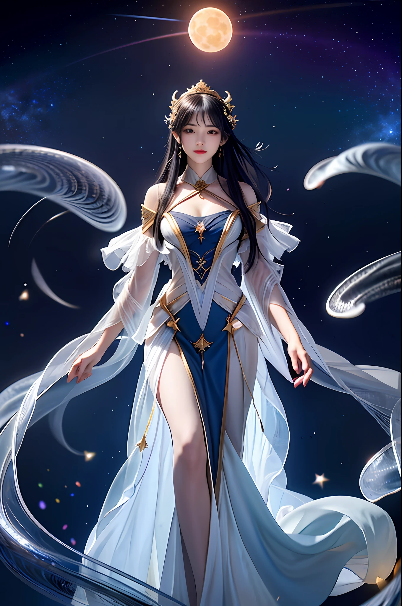 Under the deep and boundless cosmic starry sky,A goddess stood there,Her beauty and mystery are breathtaking。Her figure seemed so small in the starry night sky,But it exudes an indescribable grandeur。Her eyes shone like stars,Reflect the endless mysteries and beauty of the universe。
The goddess was dressed in a tulle-like robe,Moonlight shone on her body,Make her figure more dreamy。Her long hair flowed like a waterfall on her shoulders,Sway gently with the breeze,Like a river of stars rippling in the night sky。
Her hands gently held up a brilliant planet,It was as if holding an entire galaxy in the palm of your hand。Her gaze traveled across time and space,Explore the endless mysteries of the universe。Around her,Countless meteors pierced the night sky,Like the hem of her skirt waving gently。
Against this grand backdrop,The face of the goddess is like the brightest star,Gentle and firm。She seems to control the life and death of the entire universe,But with compassion,Caring for all living beings in the world。Her presence,Make the starry sky more fascinating,Make the universe more mysterious。
Goddess under the stars of this universe,It represents the endless mystery of the universe,It also carries the endless yearning of human beings。She is like an eternal symbol,Always standing there,Watch over the sea of stars。
