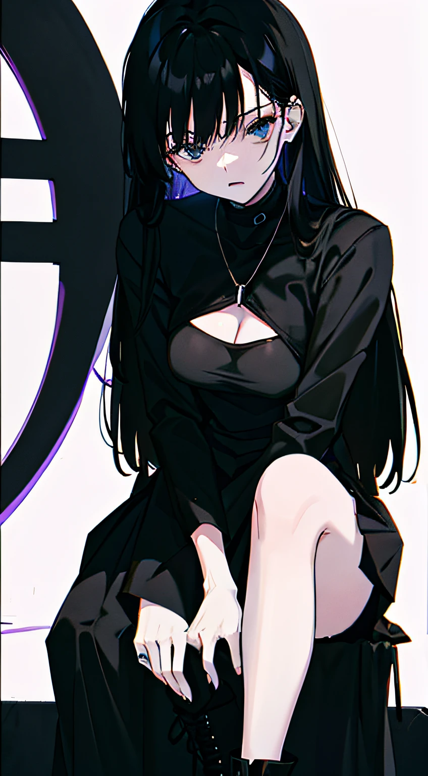 utmost+meticuloso_the face,utmost+Beautiful+meticuloso_The eye,The upper part of the body,closeup cleavage,cyberpunk backgrouns,sketching,solidcolor,A woman in a black shirt and black dress,Minimalist style,Wear elegant casual clothing,Boots,Milk and black style,Black eyes,Modern and stylish dress,casual modern clothing,inspo , Anime,Blackn clothes, a black skirt, Neutral tones, Black and white color scheme, leisure wear,Skinny figure,A helpless look,Scary face, 22 year old, Long hair, ((Black hair))