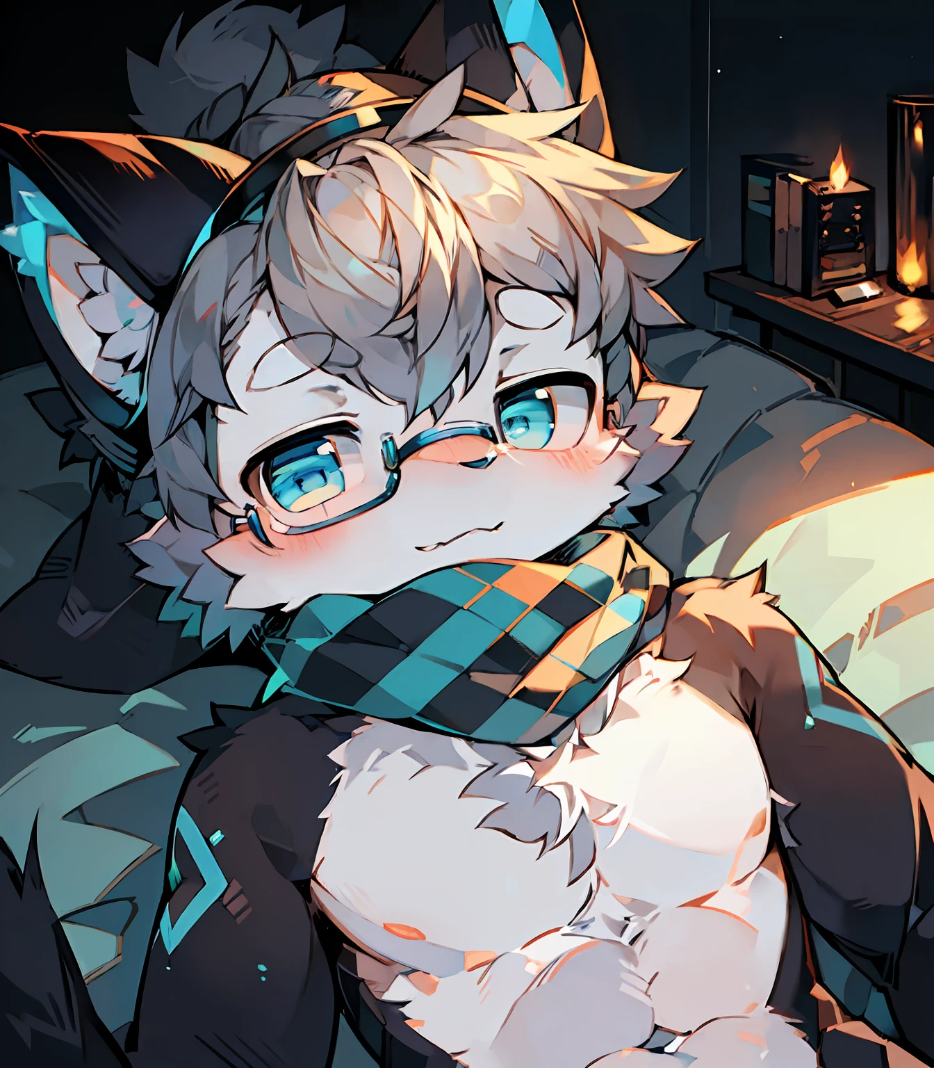 Highest image quality,Delicate painting style,Delicate hook lines,tmasterpiece,Fine fine skin,Delicate hair,Complete painting,A masterpiece,Delicate hands,finely-detailed eyes,Normal eyes,Gray cat ears,Furry,Gray hair,Black-framed round glasses,eBlue eyes,adolable,Handsome,((White scarf)),Cat style,Shota,cyber punk perssonage, Blue pupil, city night scene, Gray hair, By bangs,Dappled light and shadow, short detailed hair,ember,There are bright eyes of God, 城市,Lying in bed