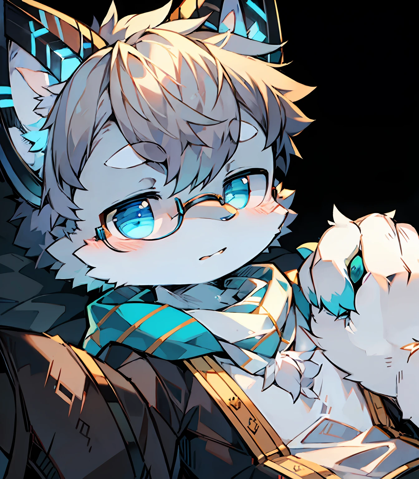Highest image quality,Delicate painting style,Delicate hook lines,tmasterpiece,Fine fine skin,Delicate hair,Complete painting,A masterpiece,Delicate hands,finely-detailed eyes,Normal eyes,Gray cat ears,Furry,Gray hair,Black-framed round glasses,eBlue eyes,adolable,Handsome,((White scarf)),Cat style,Shota,cyber punk perssonage, Blue pupil, city night scene, Gray hair, By bangs,Dappled light and shadow, short detailed hair,ember,There are bright eyes of God, 城市,Lying in bed