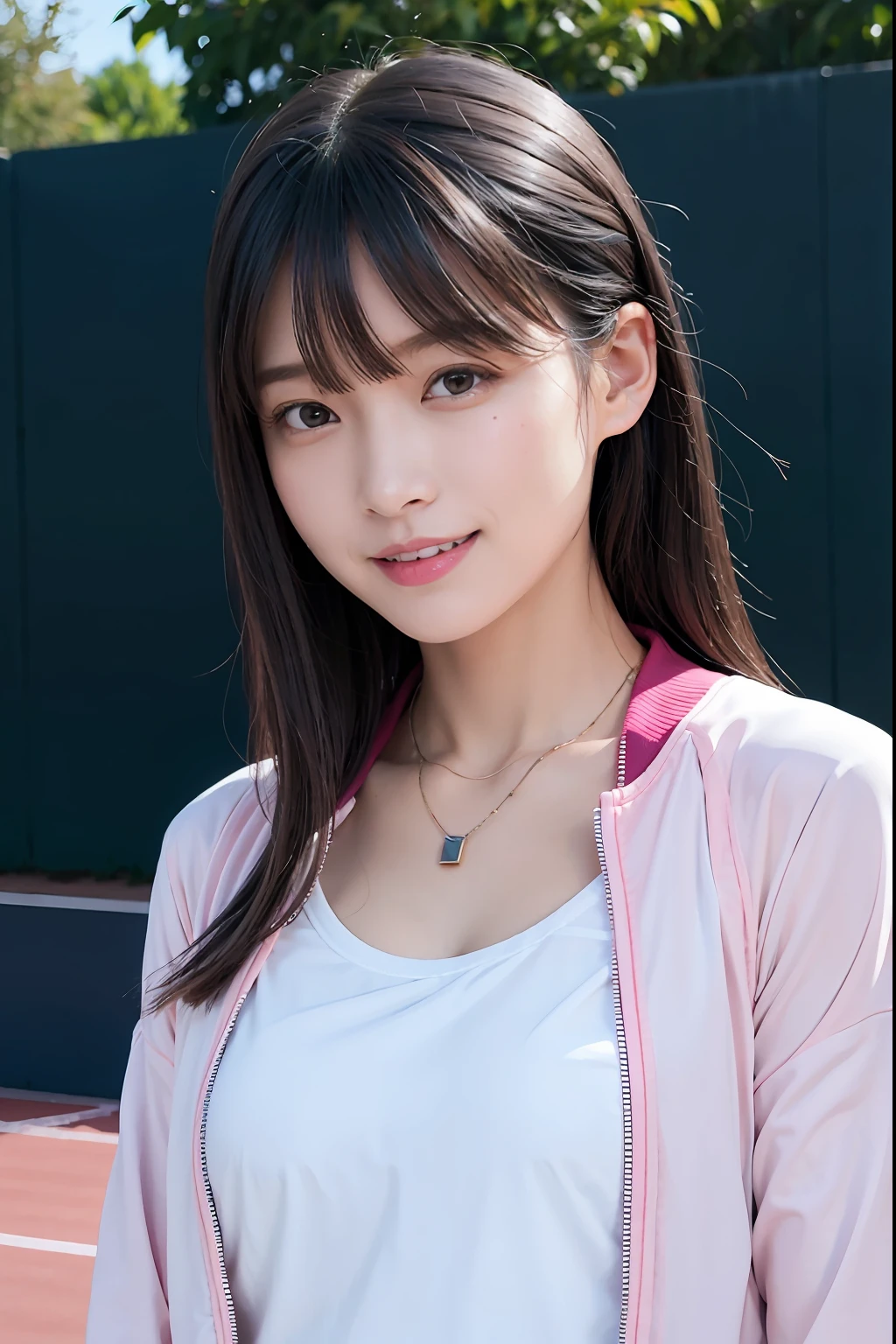 (((long))), top-quality, 8K, nffsw, Hi-Res, absurderes:1.2, a picture, (Raw photography:1.2), (Photorealsitic:1.4), (masterpiece:1.3), (intricate detailes:1.2), 1girl in, 独奏, a japanese girl, Delicate and beautiful details, (A detailed eye), (detailed facial features), 小柄, (((tiny chest))), tonned skin, (up looking_で_viewer), from a_front, (skiny), (top-quality:1.4), (超A high resolution:1.2), cinematric light, (Extreme detailed illustration), (lipgloss、top-quality、超A high resolution、depth of fields、Caustics、Broadlighting、Natural Shading、85 mm、F / 1.4、ISO 200、1 / 160 seconds:0.75)、1girl in、独奏、((Pink Tennis Wear、Tennis Court)))A smile、Tennis Wear、a necklace、fashionable cafe:1.3、Tennis Wear、乃木坂アイドル、hposing Gravure Idol、Beautie、tennis coat