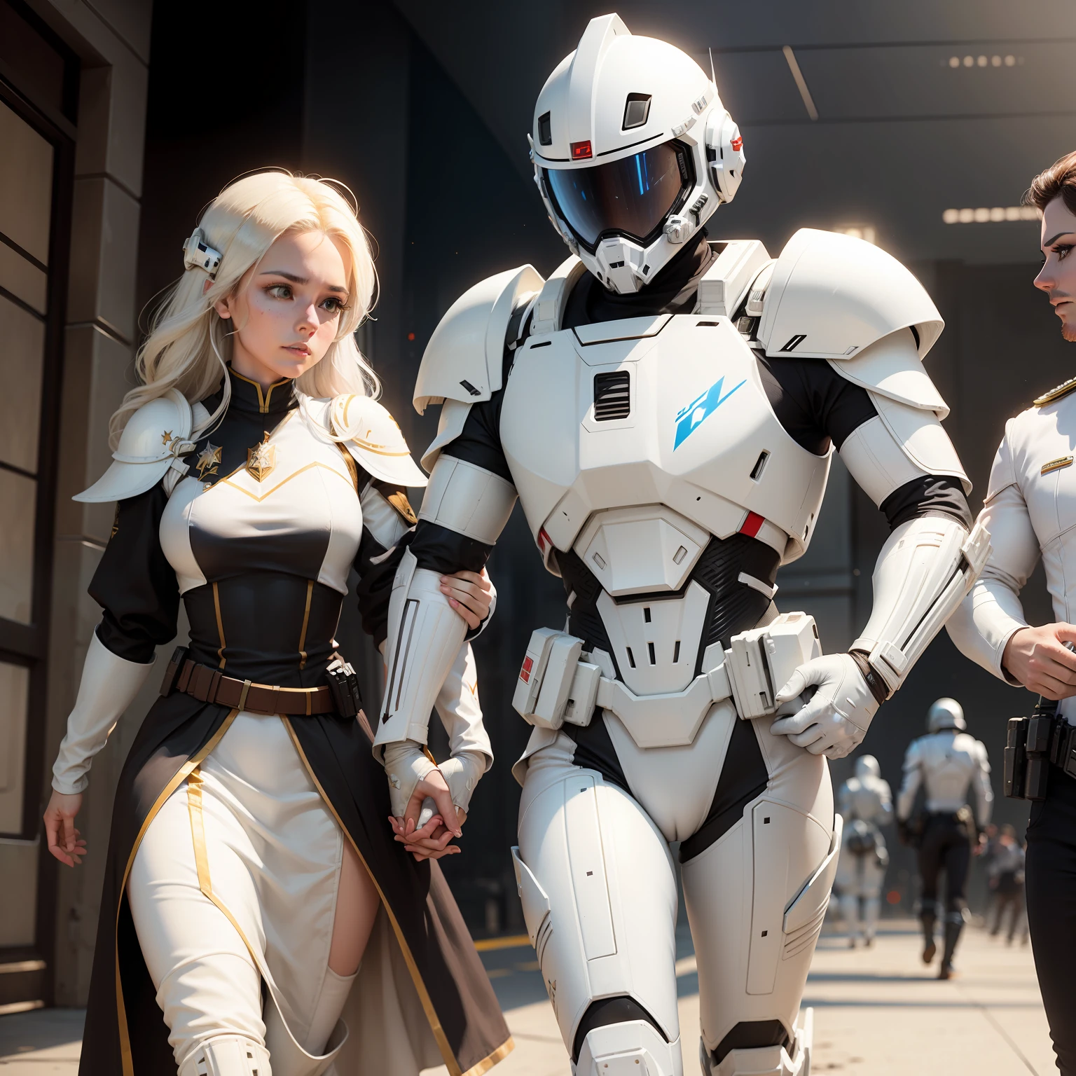 White armor, white helmet, exoskeleton, white blaster, Vela's girlfriend drags a wounded man, a Starfleet officer