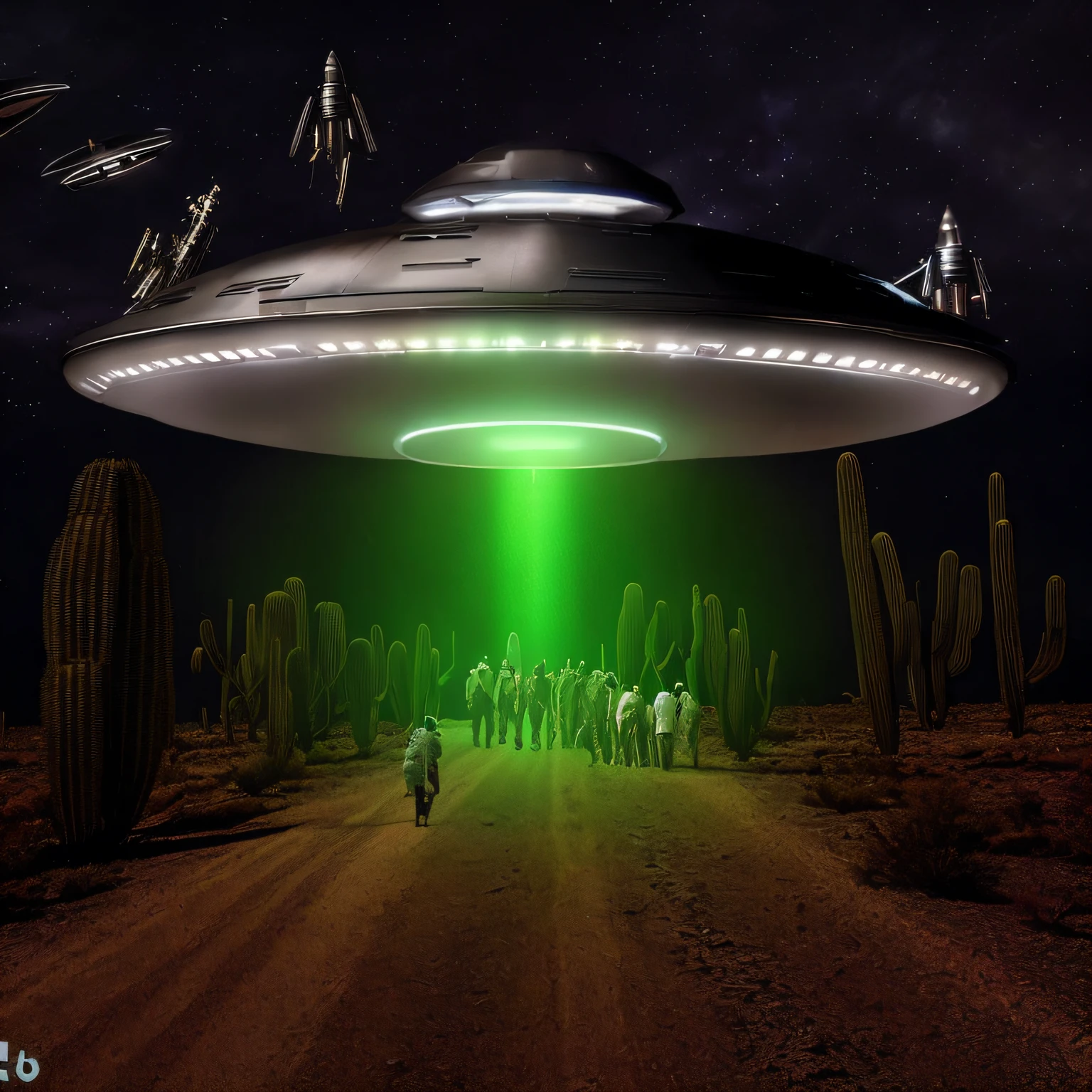 nave espacial sobrevoando um deserto com pessoas ao fundo, alien abduction, Rapto de OVNIs, aliens invading earth, ufo aliens, populated with aliens and people, ufo attack, Pouso de OVNIs, ufologia, Alien invasion, Dogfighting um OVNI com lasers, of a UFO propulsion system, extraterrestre, ufo lighting, alien spaceship, depicted as a scifi scene,Dark_Fantasy,Cyberpunk, mechanical marvel,robotic presence, (steel metal, foco claro , Uplighting , cores vibrantes, obra-prima, 8k