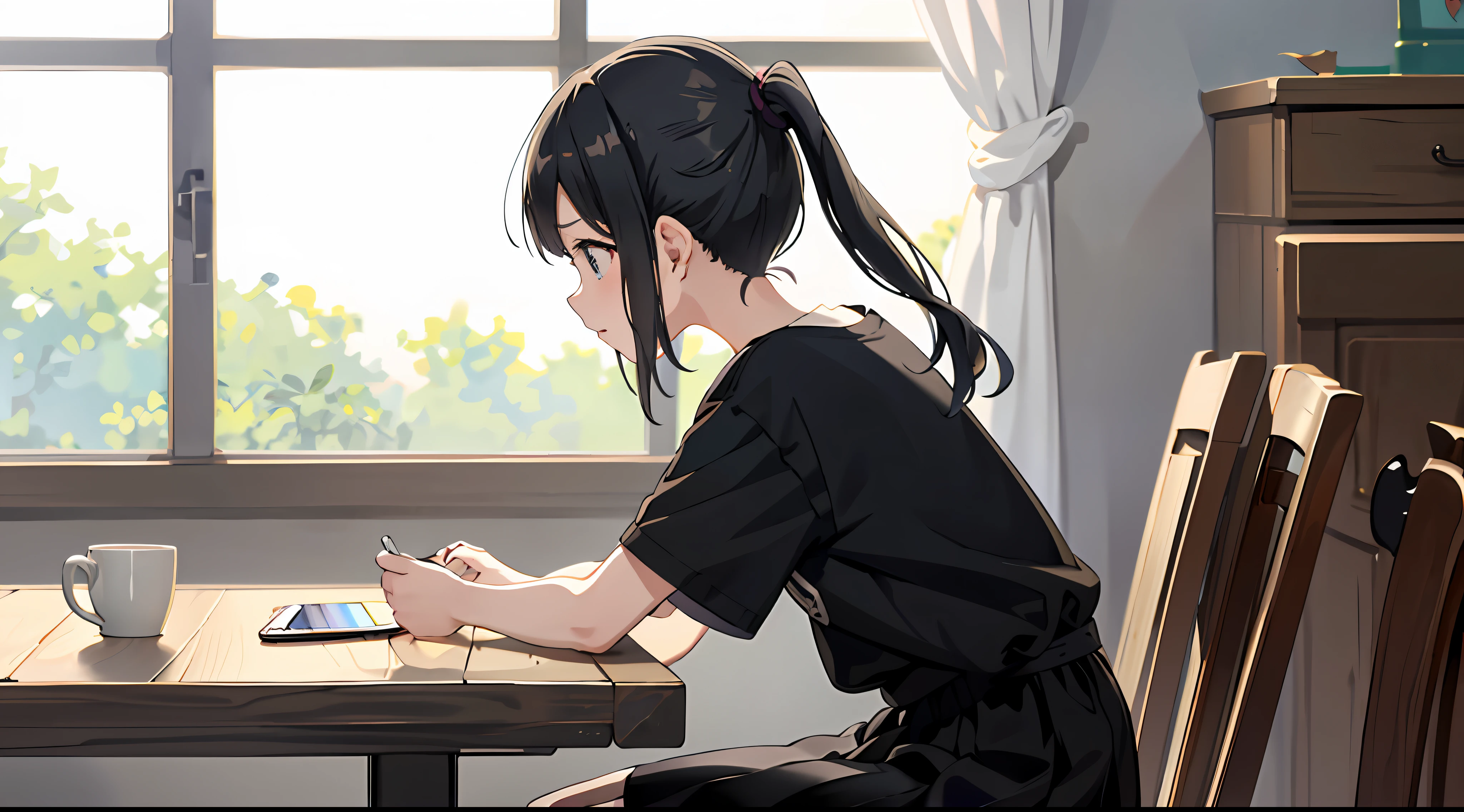 Sit at a table and look at your phone, in dress, Anime moe art style, libraryai, 1girll, hair black (pony tails), checking her phone,Wear a T-shirt, in an anime style, Anime style. 8K, Guviz-style artwork, style of anime4 K,The expression was shocked