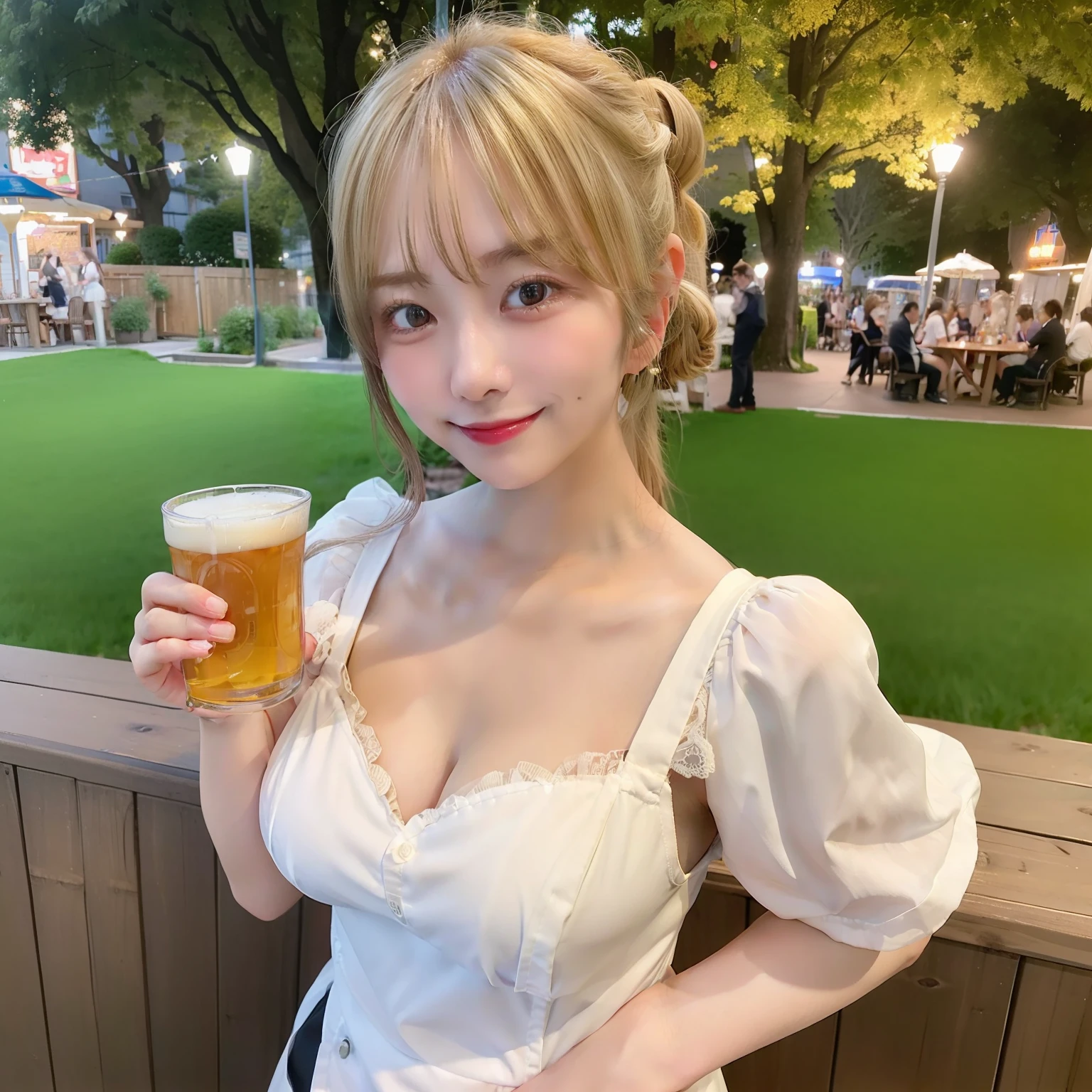 A cute smiling clerk in the beer garden brought me a beer..、She is wearing a cream-colored naked apron and her H-cup bust is visible from the side、Has blonde hair in a ponytail