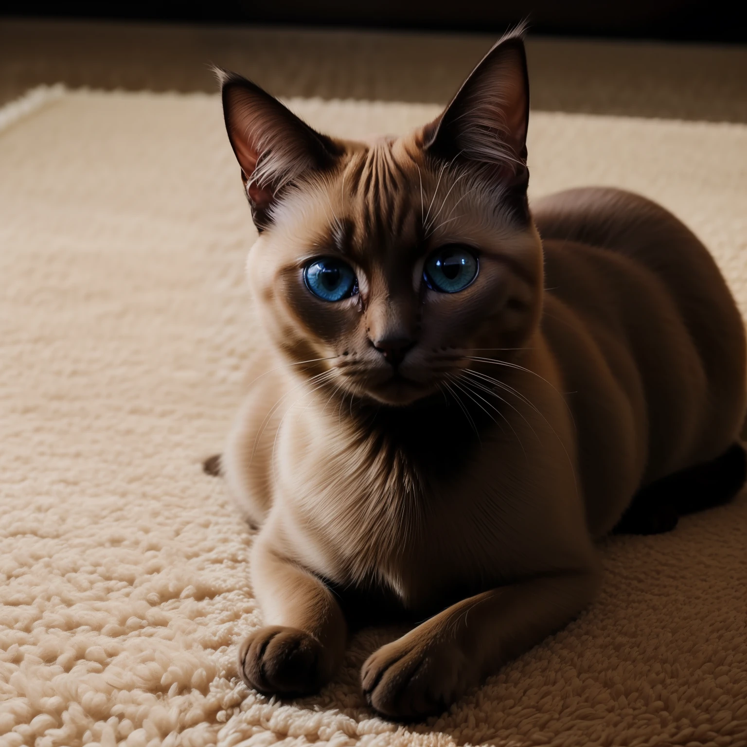 ((Cute Siamese cat on a light carpet)), fluffy hair, Anthropomorphic expressions, saturated colors, exquisite details, Masterpiece, Realistic，2 thousand., 4k, FHD, Art, computer graphics, Realistic, Unreal engine , Real Light and Shadow, Beautiful saturated colors, Amazing details, Шедевр8K UHD, dslr, soft-lighting, hiquality, Film grain, Fujifilm XT3