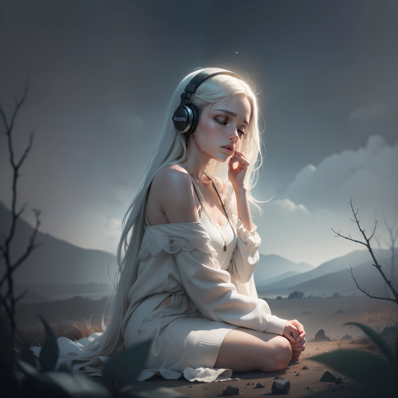 This haunting landscape is encapsulated within a chilling thumbnail, featuring a solitary woman seated on a desolate hill. The ominous aura surrounding her is palpable, evoking a sense of unease and melancholy. She wears a pair of headphones over her ears, her face obscured by shadows, making it difficult to discern her emotions fully. The thumbnail's landscape, though reduced in size, remains powerful, depicting a desolate environment with dark and foreboding clouds hanging heavily in the sky. Despite the haunting scene, the thumbnail is set against a clean, white background, which enhances the visual focus on the woman and her emotions.
The eerie scene conveys a feeling of abandonment and isolation, emphasizing the woman's profound sadness as she listens to hauntingly sad music. The contrast between the haunting landscape and the white backdrop creates a striking visual effect, intensifying the emotional impact of the thumbnail.
Despite its reduced format, the thumbnail conveys a strong emotional impact. The woman's closed eyes and subtle frown hint at her internal struggles, while the music playing through her headphones intensifies the unsettling ambiance. The muted colors of the landscape against the white background add to the haunting atmosphere, casting a spell of sorrow upon the viewer.
This chilling visual portrayal encapsulates a moment of emotional vulnerability and captivates the audience with its raw intensity, making it a compelling and thought-provoking image in thumbnail size, while the white background adds a touch of simplicity and focus to the overall composition.