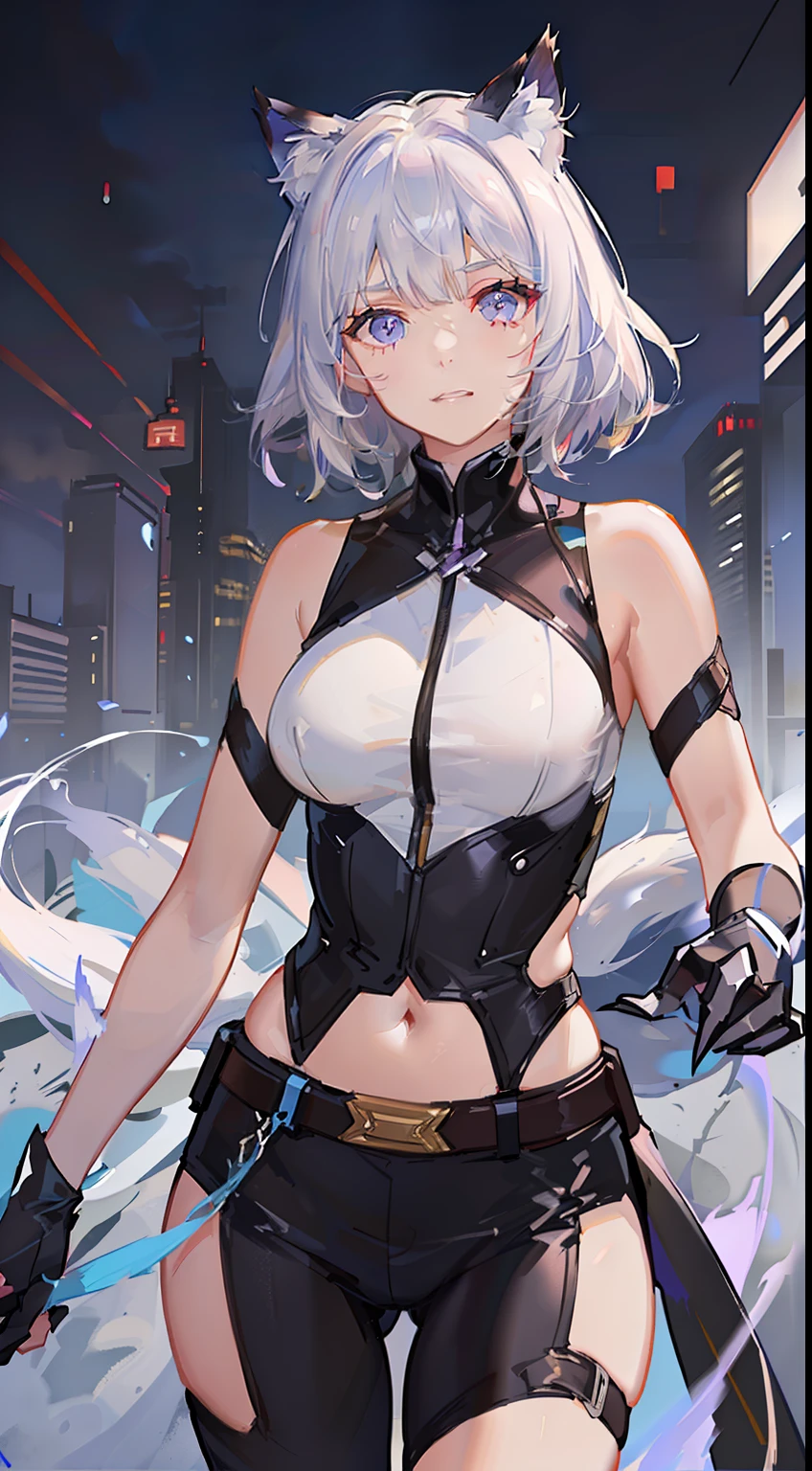 Adult woman, short white hair, cat ears, violet eyes, White superhero uniform, Sleeveless, open belly, t shirt, breeches, claws, anger, Masterpiece, hiquality