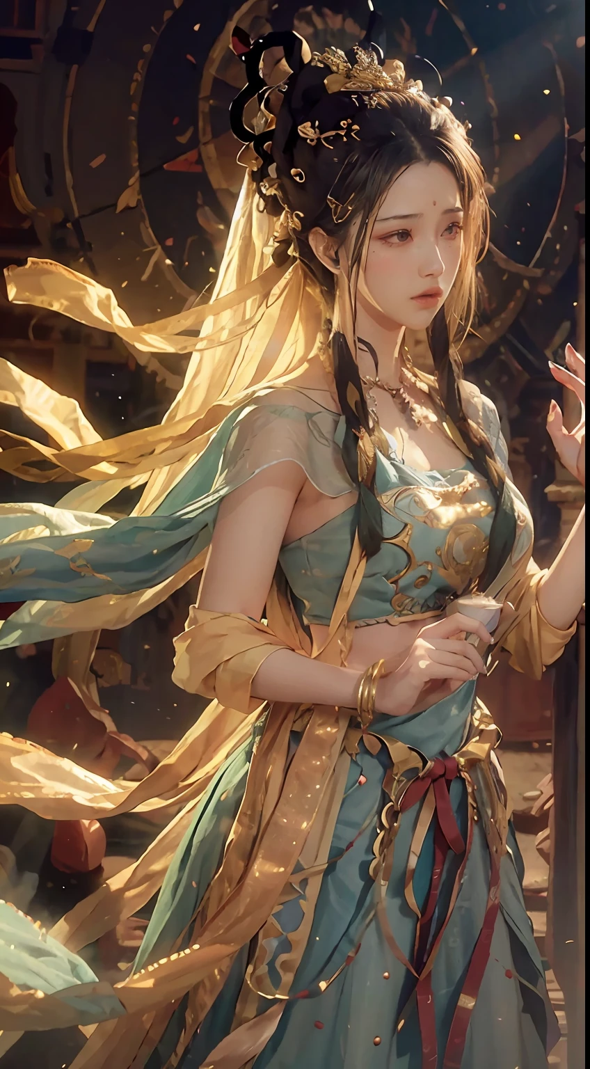 (RAW Photo, Best Quality), (Realistic, Photo Realistic: 1.3), Best Quality, Highly Detailed, Masterpiece, Hyperdetail, Illustration, 1 Girl, upper_body, Dynamic Angle, World Masterpiece Theater, messy_long_hair, Best Quality, Extremely Detailed CG Uniform 8k Wallpaper, Ink, Amazing, Cinematic Lighting, lens_flare,, dunhuang_style, Broken, Sexy