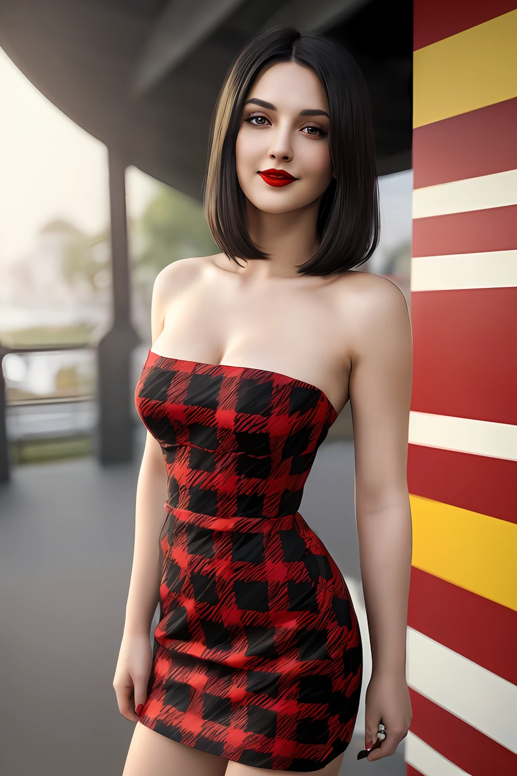 (printed plaid dress),(bare shoulders),1 girl,(full body),(stiletto heels),(short hair:1.1),(realistic:1.7),((best quality)),absurdres,(ultra high res),(photorealistic:1.6),photorealistic,octane render,(hyperrealistic:1.2), (photorealistic face:1.2), (8k), (4k), (Masterpiece),(realistic skin texture), (illustration, cinematic lighting,wallpaper),( beautiful eyes:1.2),((((perfect face)))),(cute),(standing),(smile:0.9),(black hair),(long hair),black eyes,red lips, (outdoors),