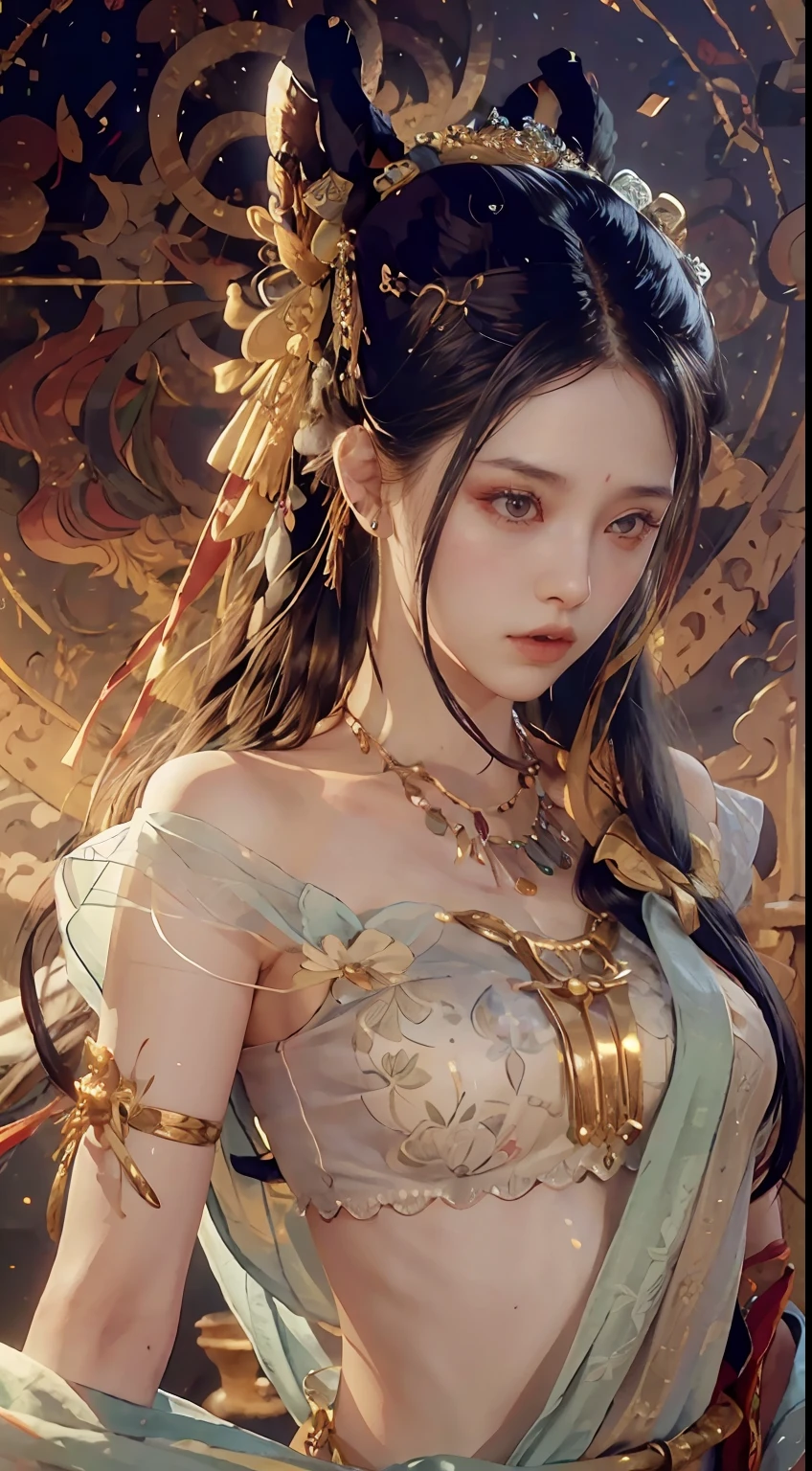 (RAW Photo, Best Quality), (Realistic, Photo Realistic: 1.3), Best Quality, Highly Detailed, Masterpiece, Hyperdetail, Illustration, 1 Girl, upper_body, Dynamic Angle, World Masterpiece Theater, messy_long_hair, Best Quality, Extremely Detailed CG Uniform 8k Wallpaper, Ink, Amazing, Cinematic Lighting, lens_flare,, dunhuang_style, Broken, Sexy