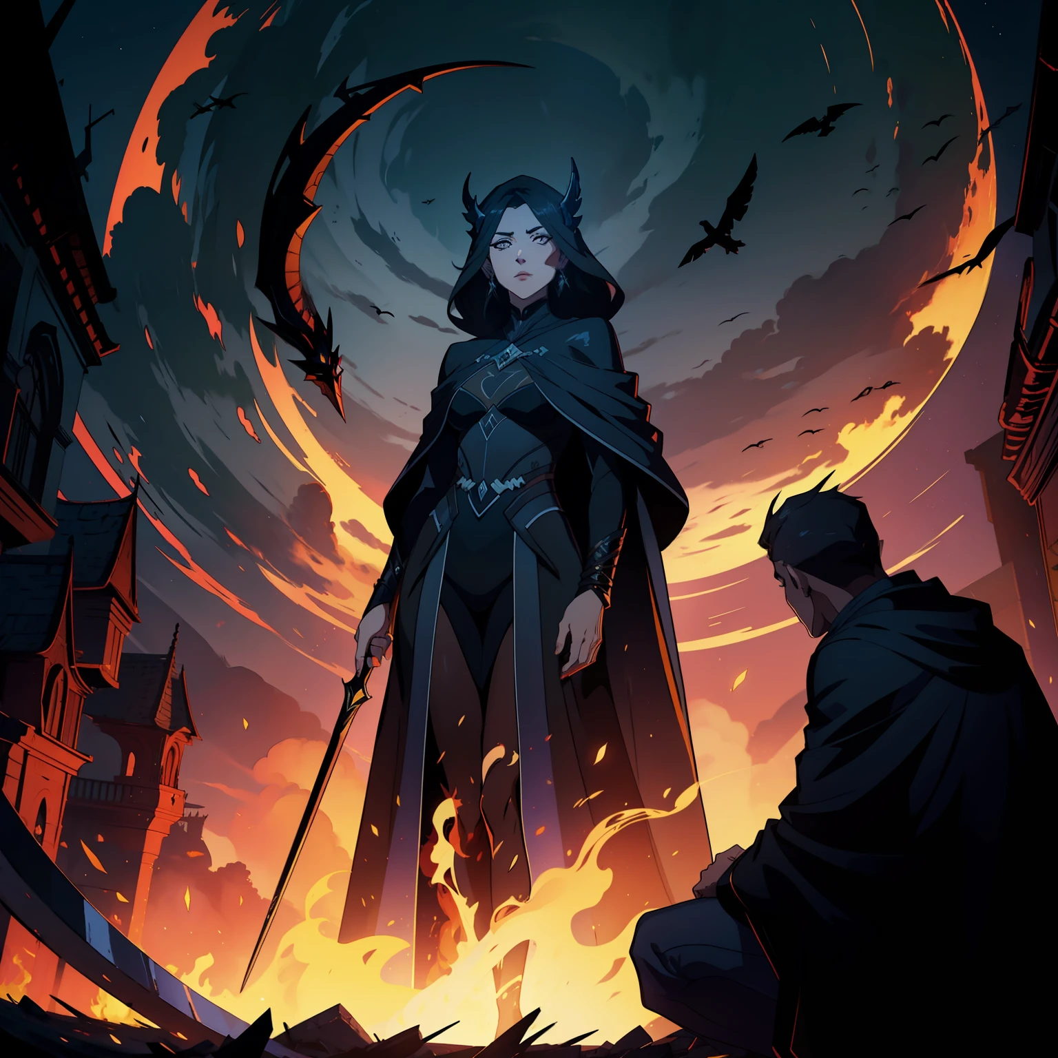 lona de linho, Mulher assustadora vestindo um manto preto e uma foice brilhante, Villain