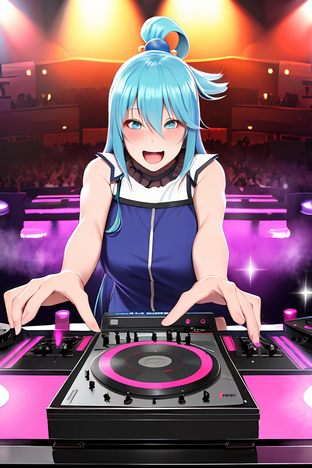 "A solo shot featuring aqua \(konosuba\) a DJ, showcasing her skills on the turntables at a vibrant rave."