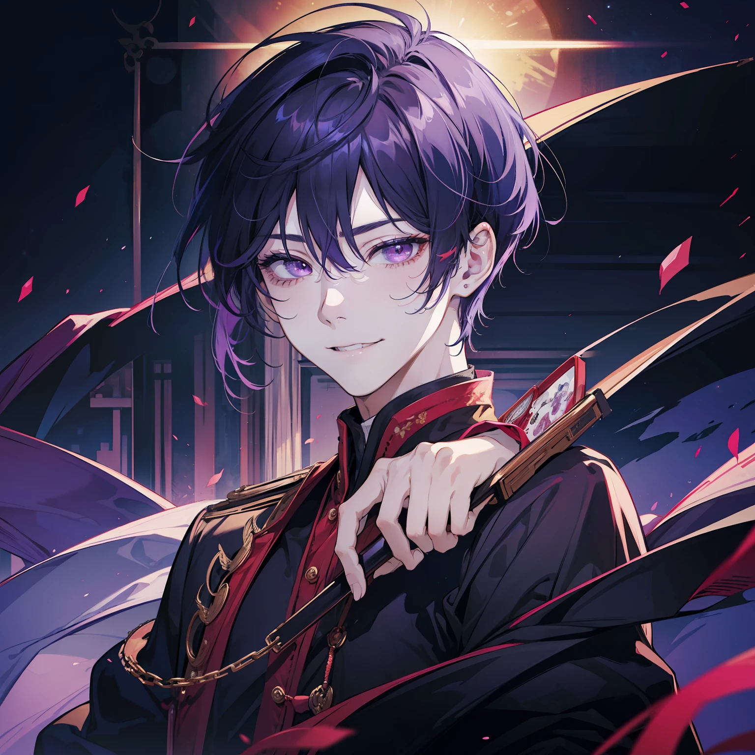 masutepiece,Best Quality,Solo Boy,Solo Man,Solo Boy,Solo Man,Middle Age,beautidful eyes,Seductive smile,Purple hair,Black Gradient Hair,Red Eyes,(Face shot:1.3),Detailed face,8K resolution,bed room,night