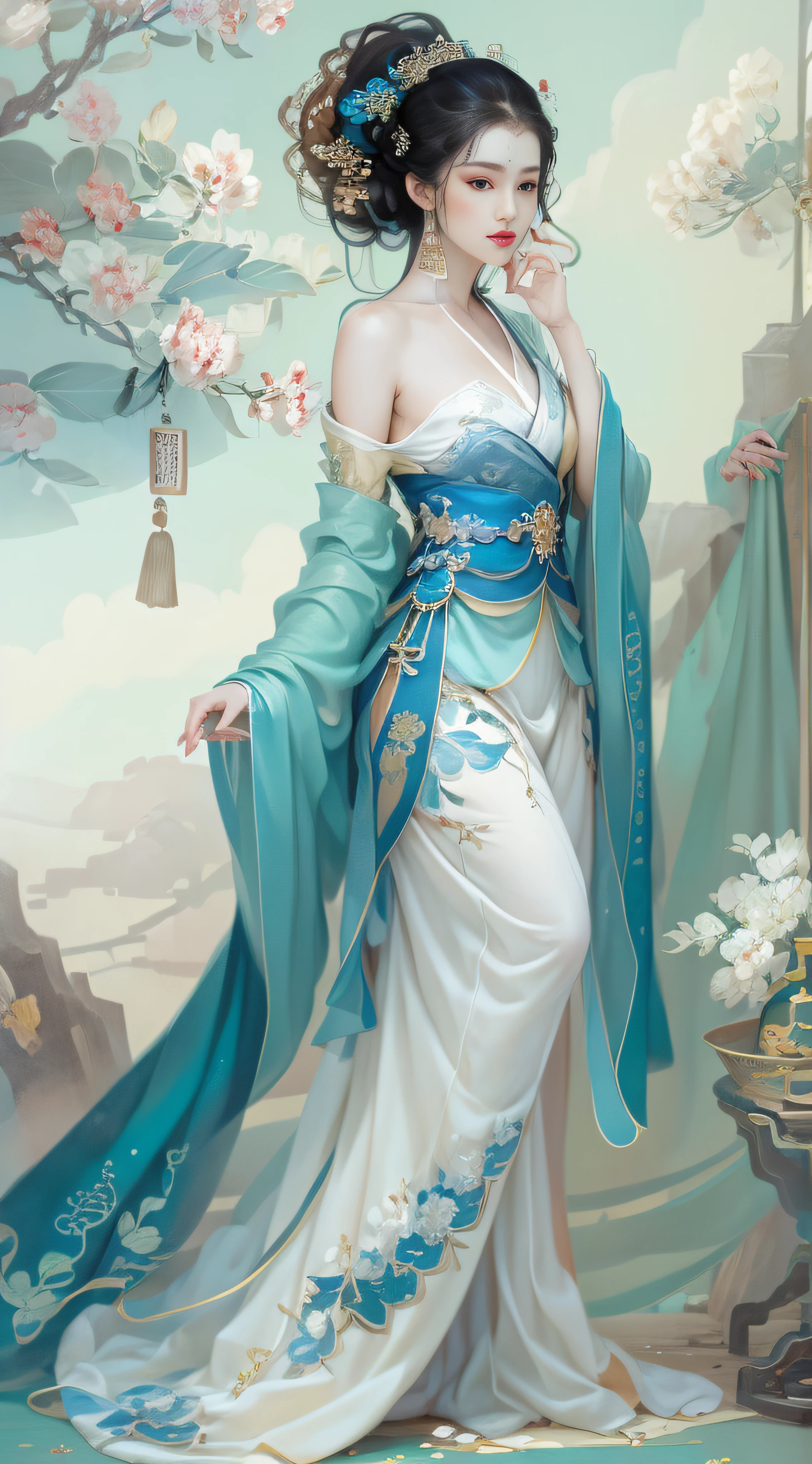 Longing woman posing for photo in blue and white dress, beautiful and seductive anime woman, a beautiful fantasy empress, Inspired by Fenghua Zhong, Beautiful character painting, author：Qiu Ying, sensual painting, By Leng Mei, by Yang J, pinup art, Art germ. anime illustration, inspired by Chen Yifei, author：Chen Lin