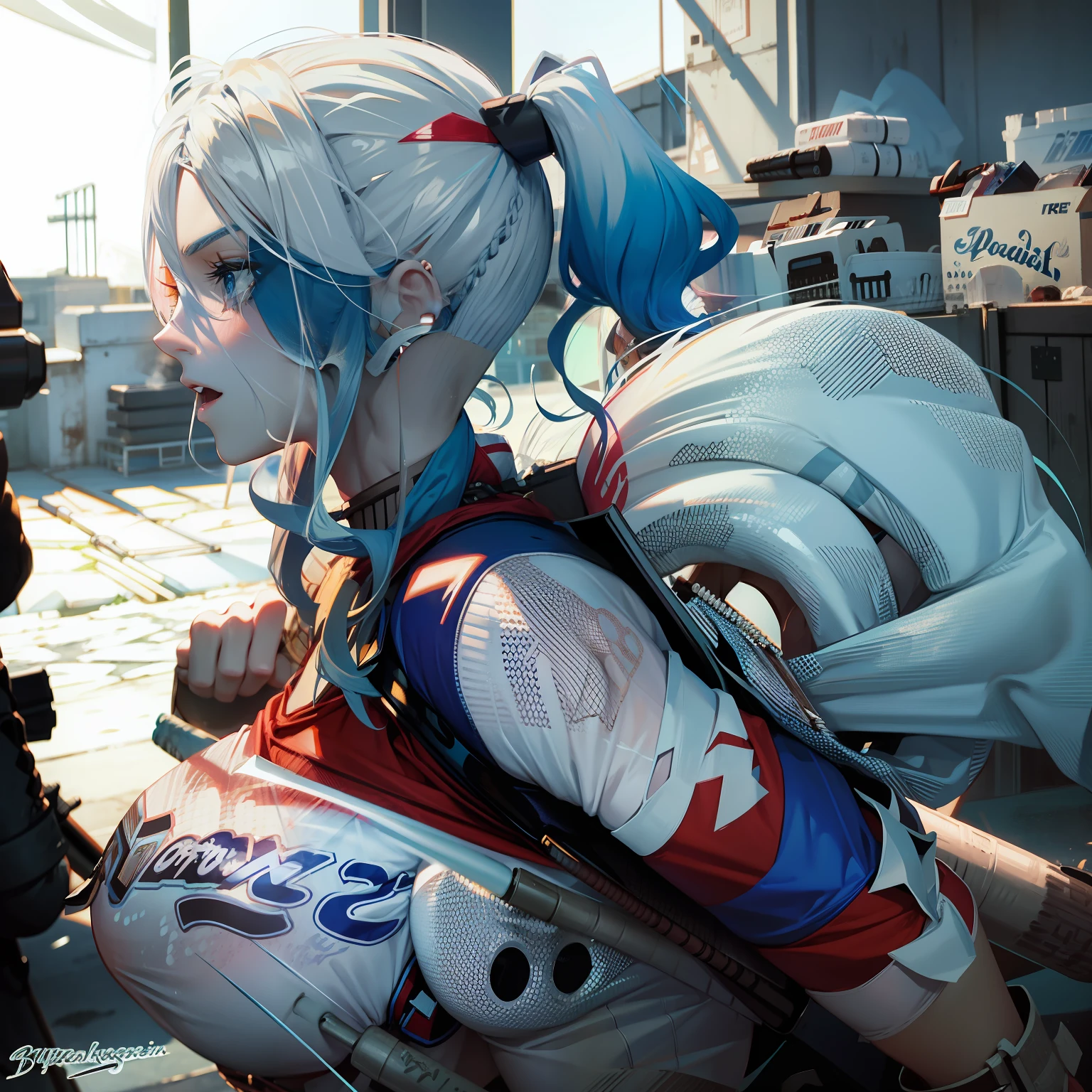Powder blue gradient double ponytail,Royal sister,Large breasts,hot girls,The weapon is a baseball bat