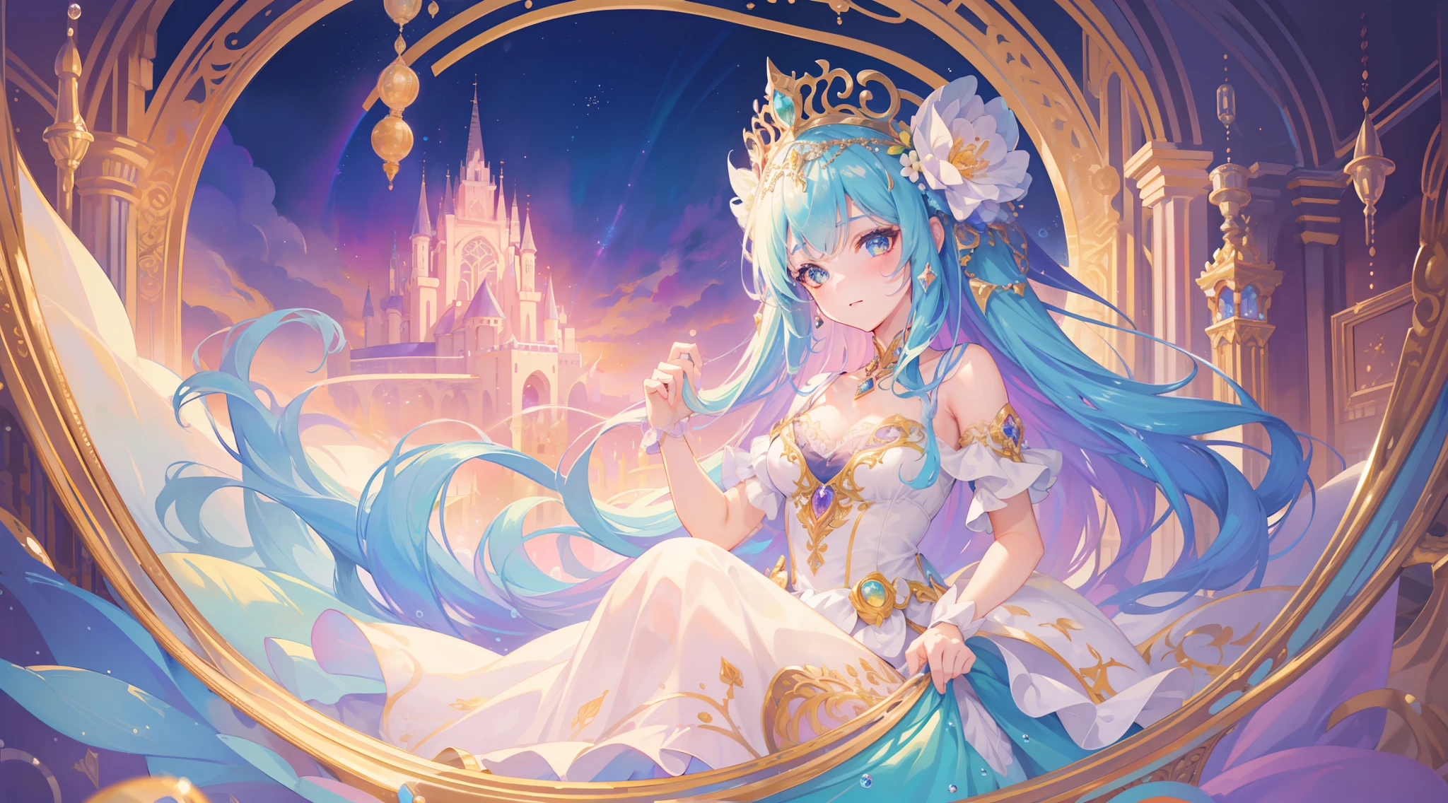 masterpiece, best quality, 8k resolution, sharp focus, intricate detail, beautiful girl, sparkling eyes, golden ratio face, otherworldly liquid, watercolor, ((pastel colors)), bright colors, whimsical, colorful, sharp focus, high resolution, fine detail, princess fantasy ballgown, ((round eyes)), iridescent bubbles, castle landscape in background