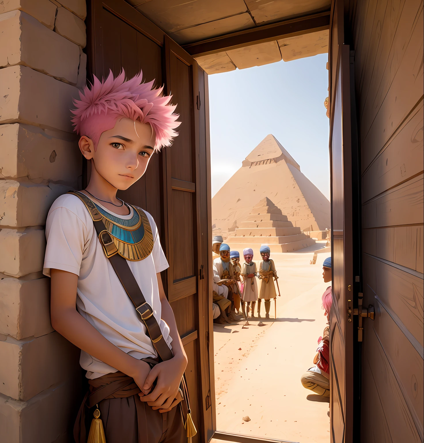 Several 14-year-old boys in a fista in Egypt A 15-year-old boy with pink hair is a man who has honey-colored eyes in the background of ancient Egypt you can see the pyramids