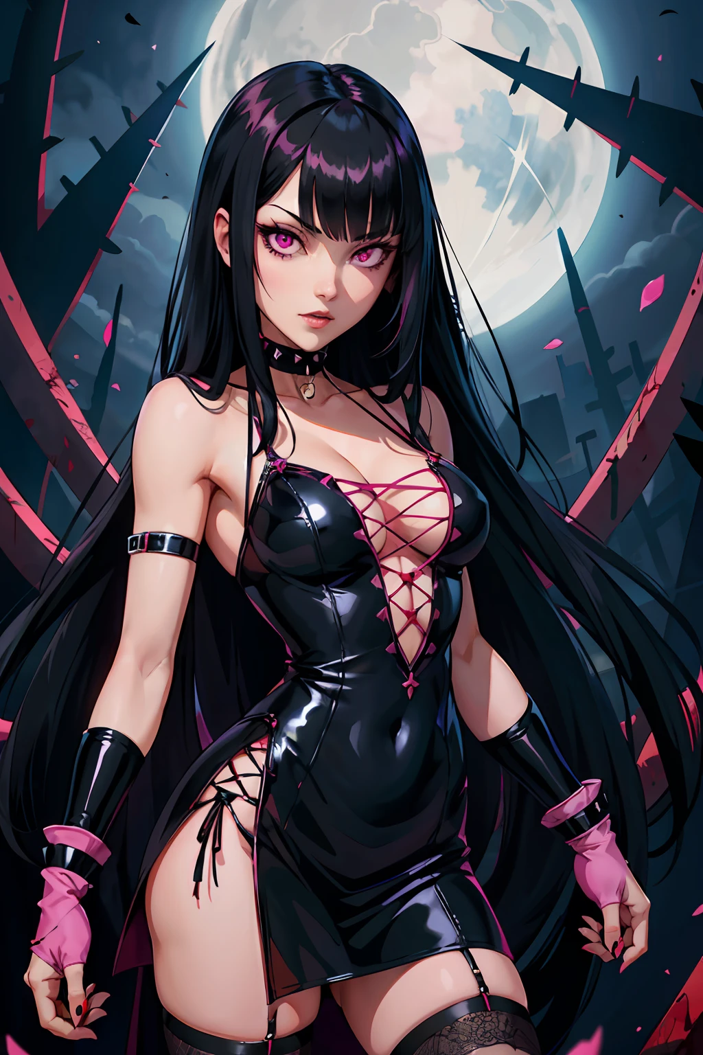 Pyscho Girl long black hair with bangs pink eyes gothic knife blood black gloves short black dress spikes chokers spike fishnet stockings