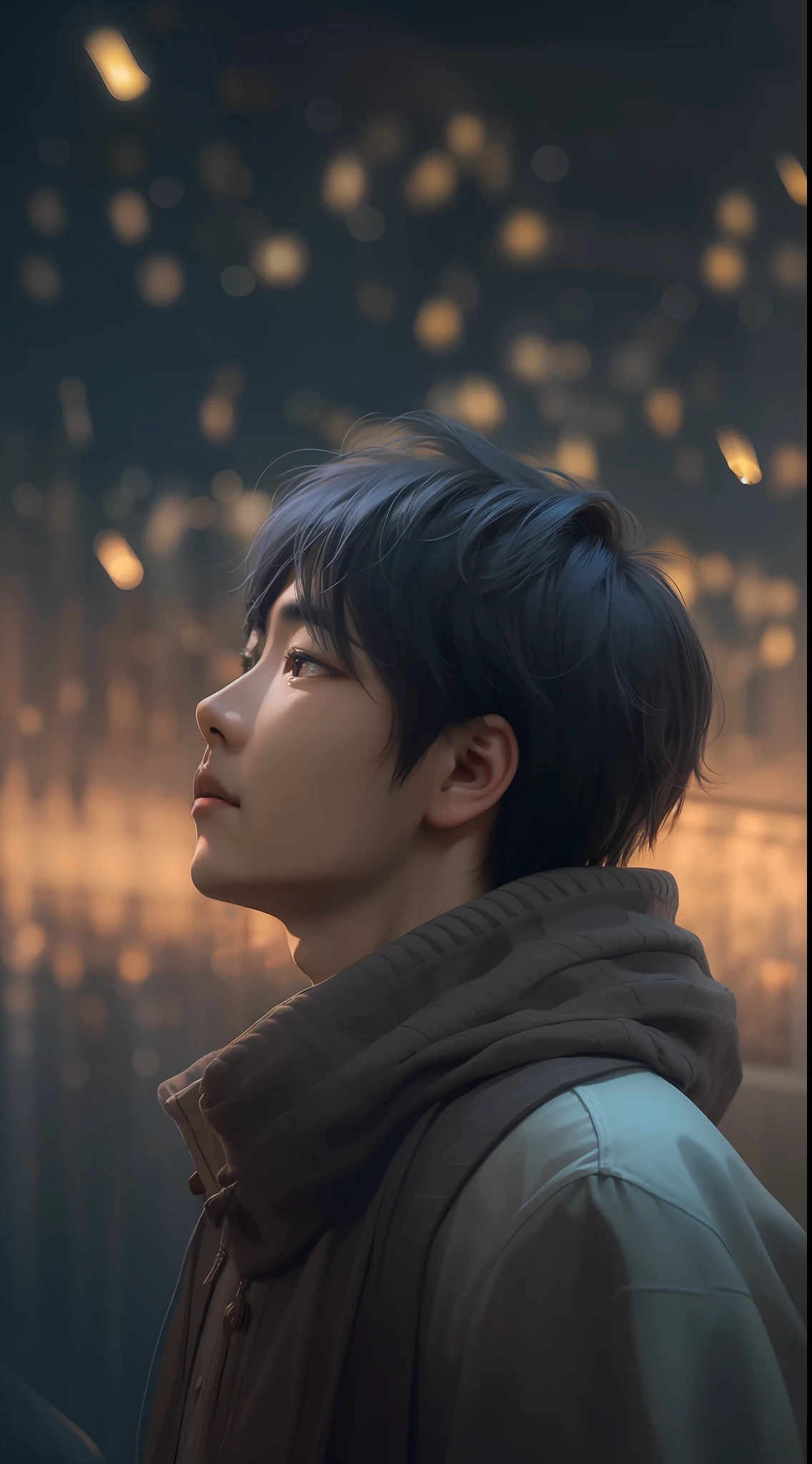 Handsome Sad Korean Guy looking up at the sky for hope, dreamy night's, fireflies environment, upscaled, hyperrealism