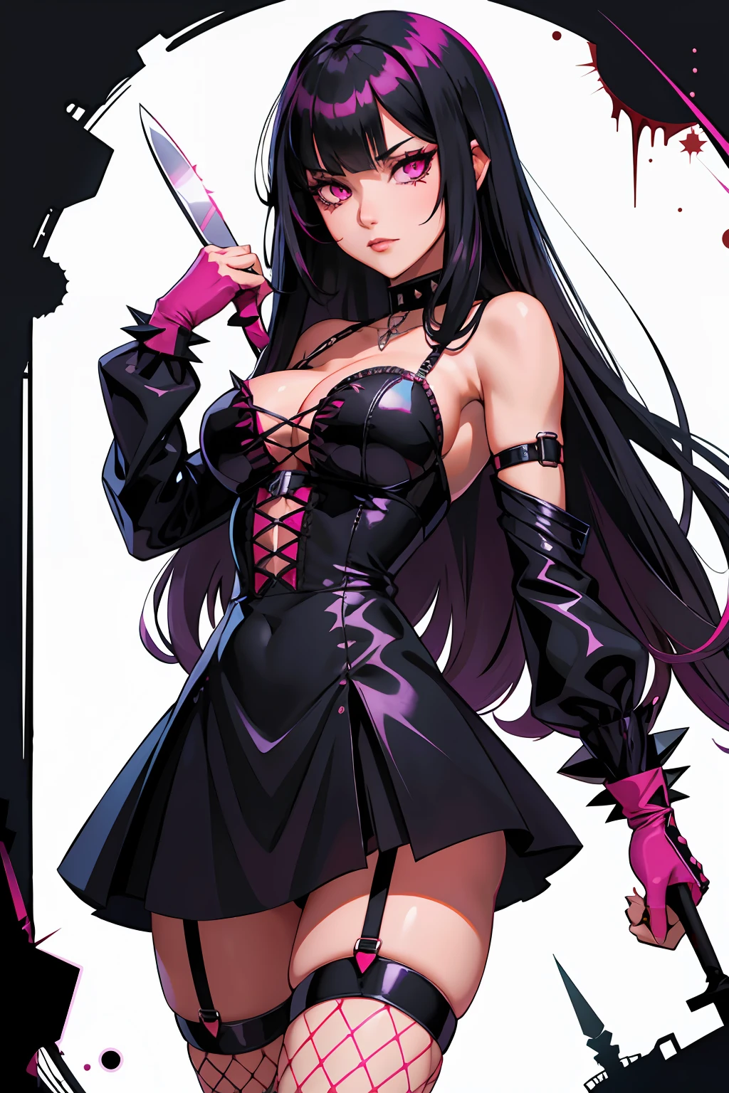 Pyscho Girl long black hair with bangs pink eyes gothic knife blood black gloves short black dress spikes chokers spike fishnet stockings