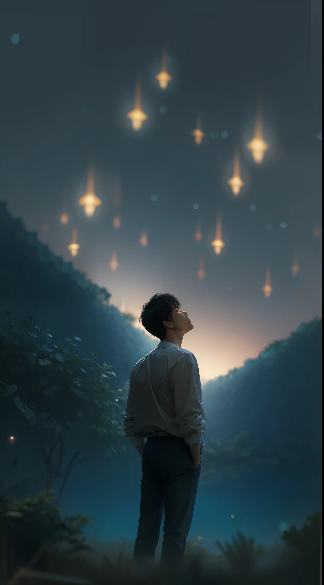 Handsome Sad Korean Guy looking up at the sky for hope, dreamy night's, fireflies environment, upscaled, hyperrealism