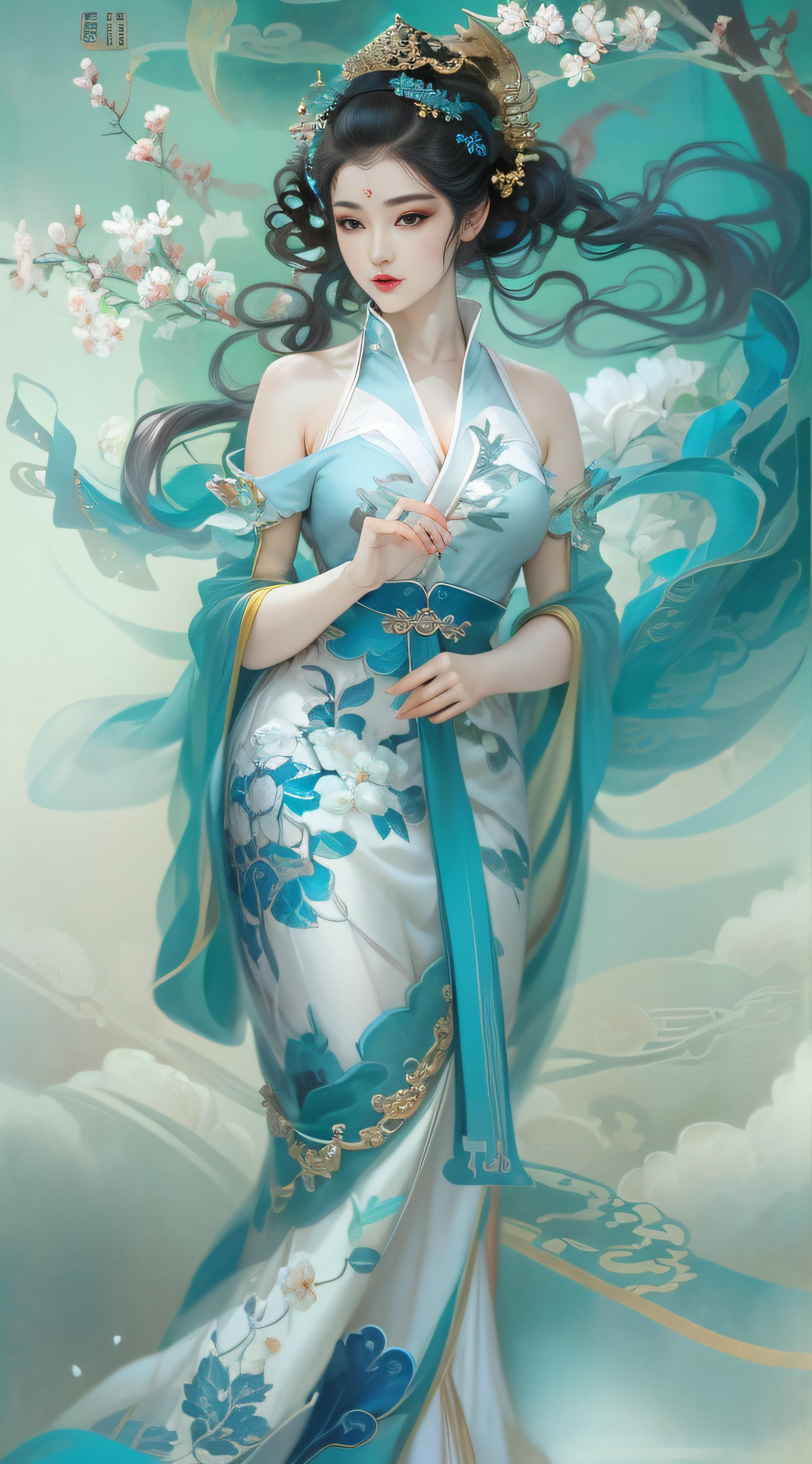 Longing woman posing for photo in blue and white dress, beautiful and seductive anime woman, a beautiful fantasy empress, Inspired by Fenghua Zhong, Beautiful character painting, author:Qiu Ying, sensual painting, By Leng Mei, by Yang J, pinup art, Art germ. anime illustration, inspired by Chen Yifei, author:Chen Lin