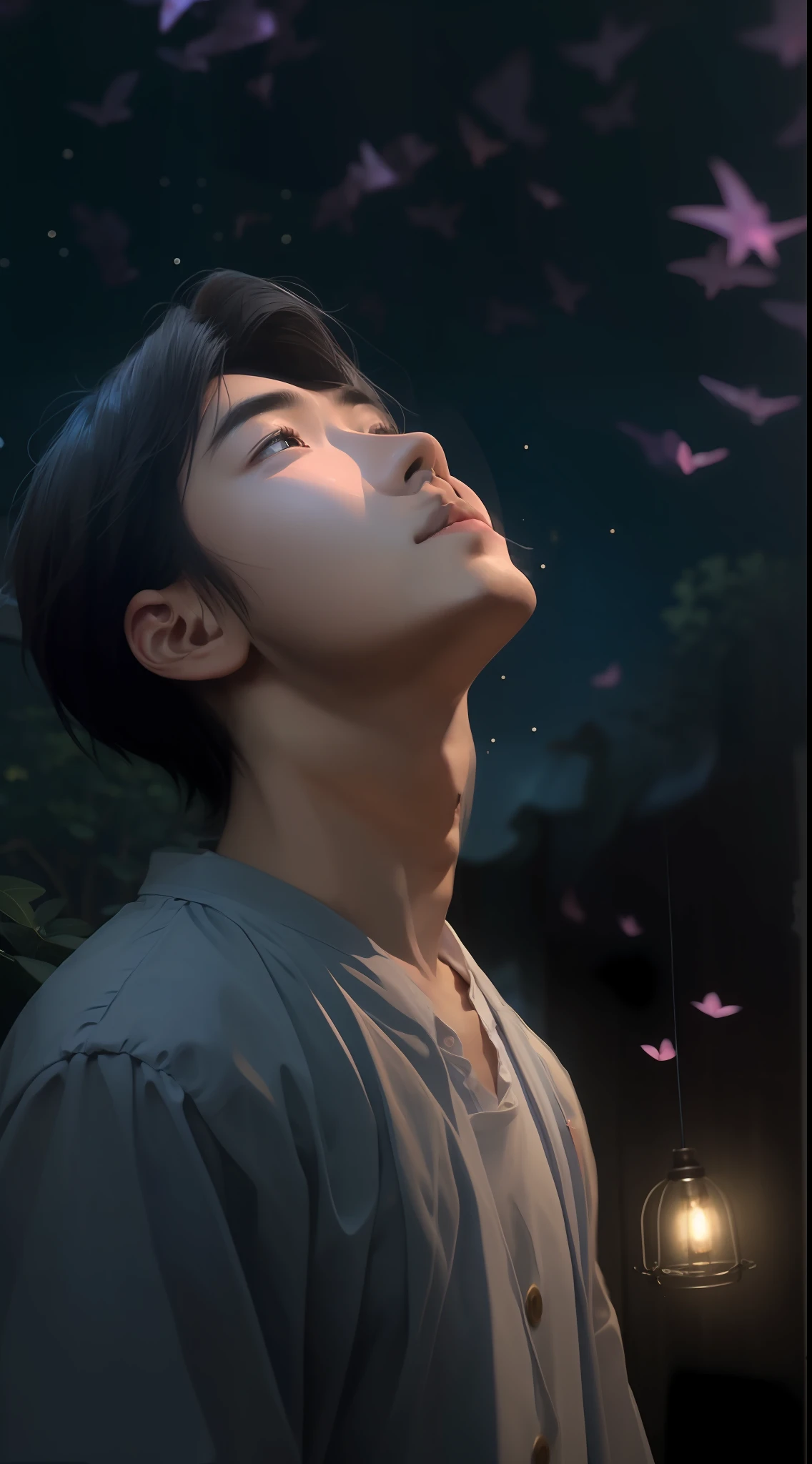 Handsome Sad Korean Guy looking up at the sky for hope, dreamy night's, fireflies environment, upscaled, hyperrealism
