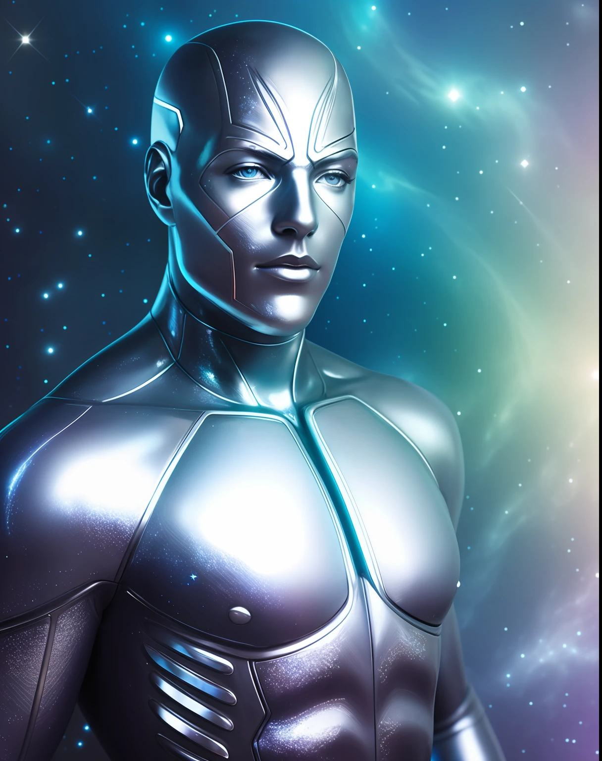 Silver Surfer, skin texture, galaxy background, detail face, detail background, little blur, dramatic lights, HDR, photo realistic, professional photo, flirt with the viewer, wind