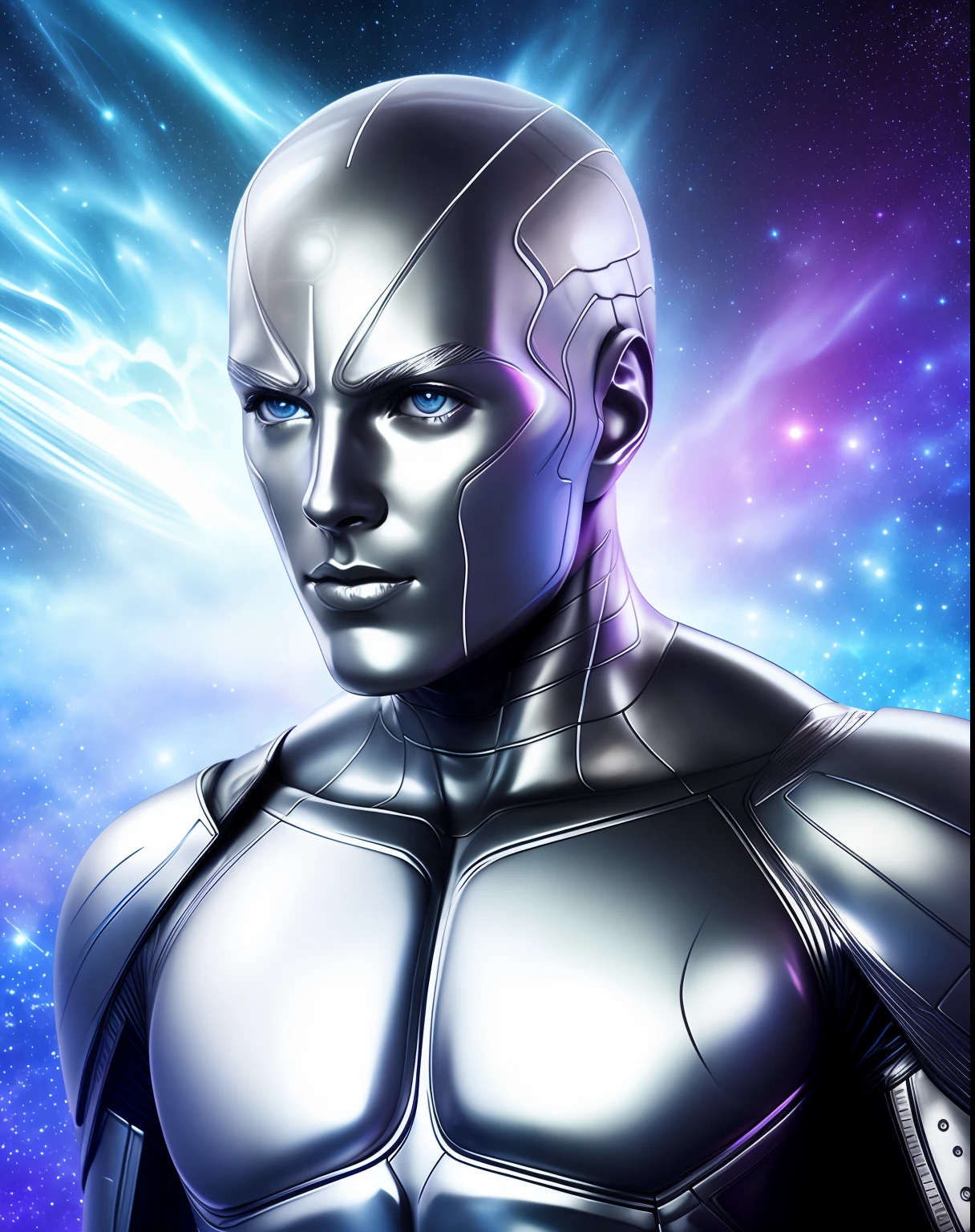 Silver Surfer, skin texture, galaxy background, detail face, detail background, little blur, dramatic lights, HDR, photo realistic, professional photo, flirt with the viewer, wind