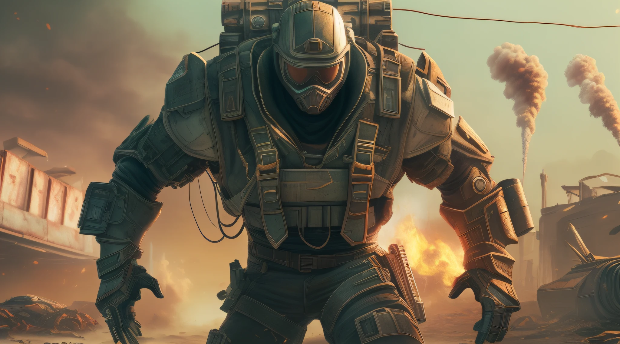 A imagem retrata um personagem americano em uma vista frontal, with an imposing appearance and an athletic body. His war suit is torn and he wields a powerful weapon. The scene takes place in a landscape of a post-apocalyptic city, filled with volumetric dust, que cria uma atmosfera densa e sombria. The character's facial expressions convey the intensity and determination of his mission. Elements of science fiction are present, evidenced by a distinctive silhouette and apocalyptic accessories, combinados com elementos futuristas e cyberpunk.

The art style is inspired by cel-shading, com cores fortes e contornos marcantes, resembling a comic book aesthetic. Post-apocalyptic settings provide a rich backdrop, with grungy textures and aesthetic bad guys. There is an emphasis on graphic violence, with particle effects from explosions that create a climate of action and imminent danger.

The image is a master piece with an exceptional quality, featuring a resolution of 8K Ultra HD. Octane rendering and the Unreal 5 engine ensure an impressive level of realism, com detalhes minuciosos e uma atmosfera imersiva. The result is an impactful illustration, that combines action elements, Science fiction and post-apocalypse, Creating a memorable and exciting image.