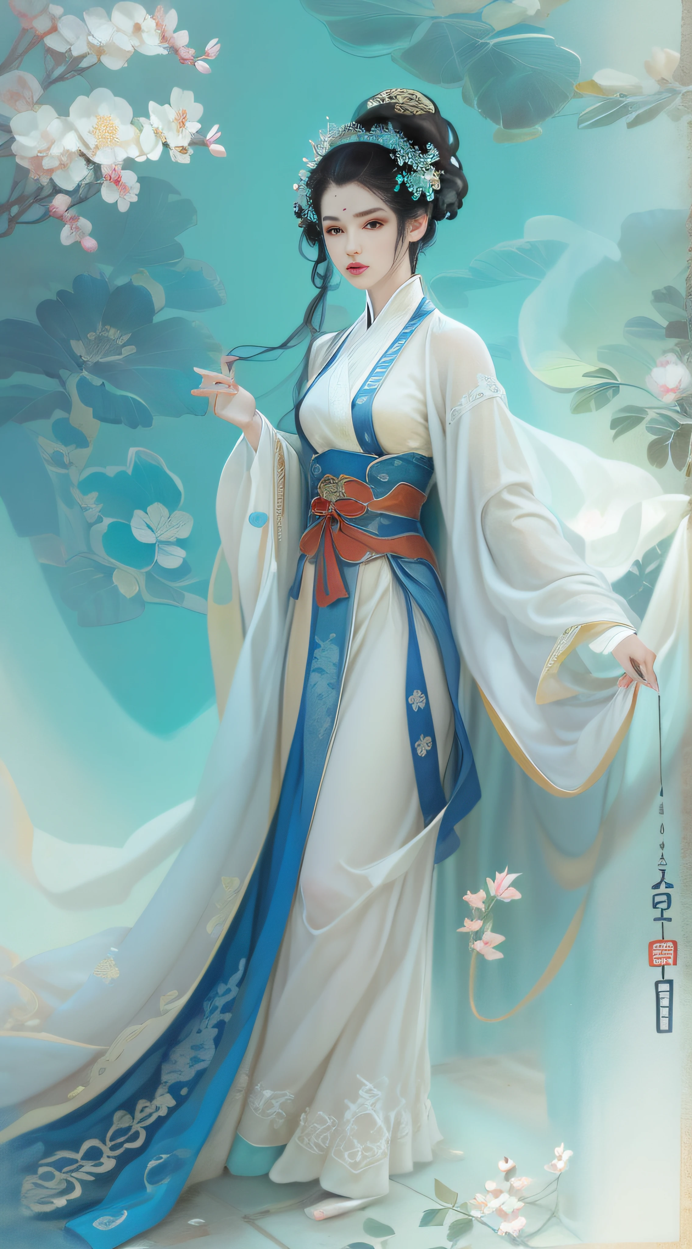 Longing woman posing for photo in blue and white dress, beautiful and seductive anime woman, a beautiful fantasy empress, Inspired by Fenghua Zhong, Beautiful character painting, author：Qiu Ying, sensual painting, By Leng Mei, by Yang J, pinup art, Art germ. anime illustration, inspired by Chen Yifei, author：Chen Lin