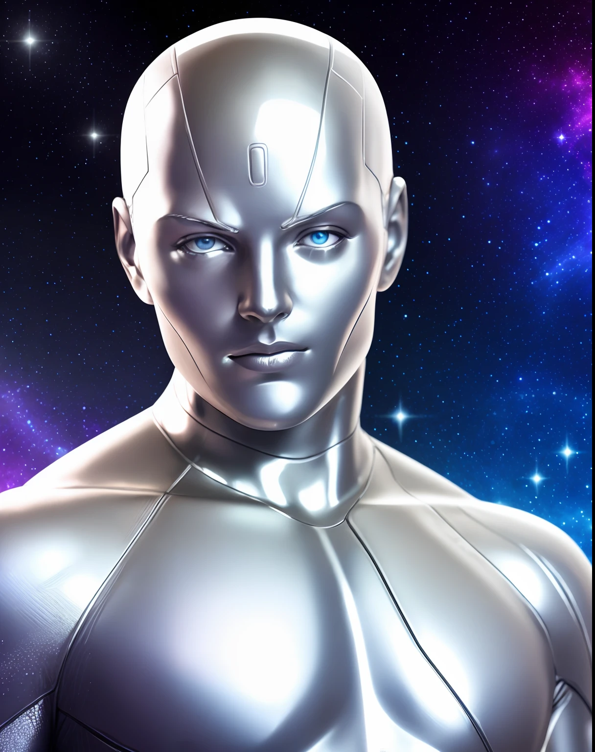 Silver Surfer, skin texture, galaxy background, detail face, detail background, little blur, dramatic lights, HDR, photo realistic, professional photo, flirt with the viewer, wind
