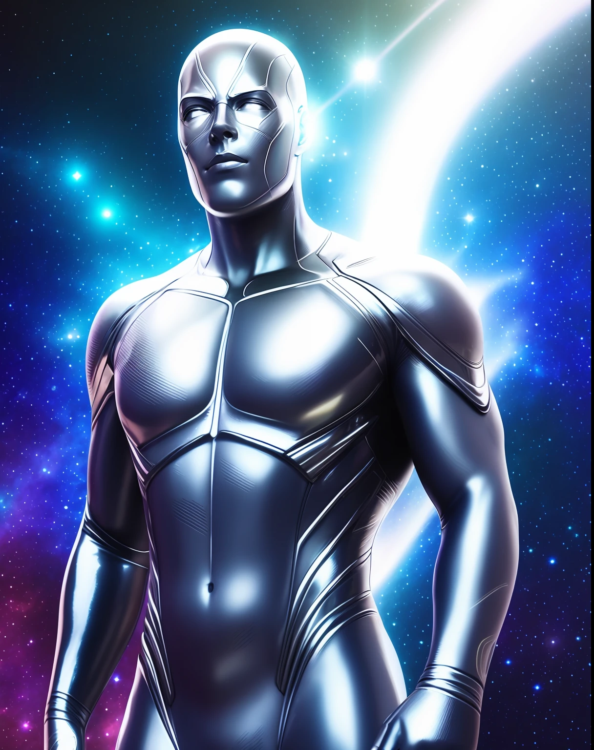 Silver Surfer, skin texture, galaxy background, detail face, detail background, little blur, dramatic lights, HDR, photo realistic, professional photo, color universe background, luzes refletindo, pele prateada refletindo cores, Cosmic aura