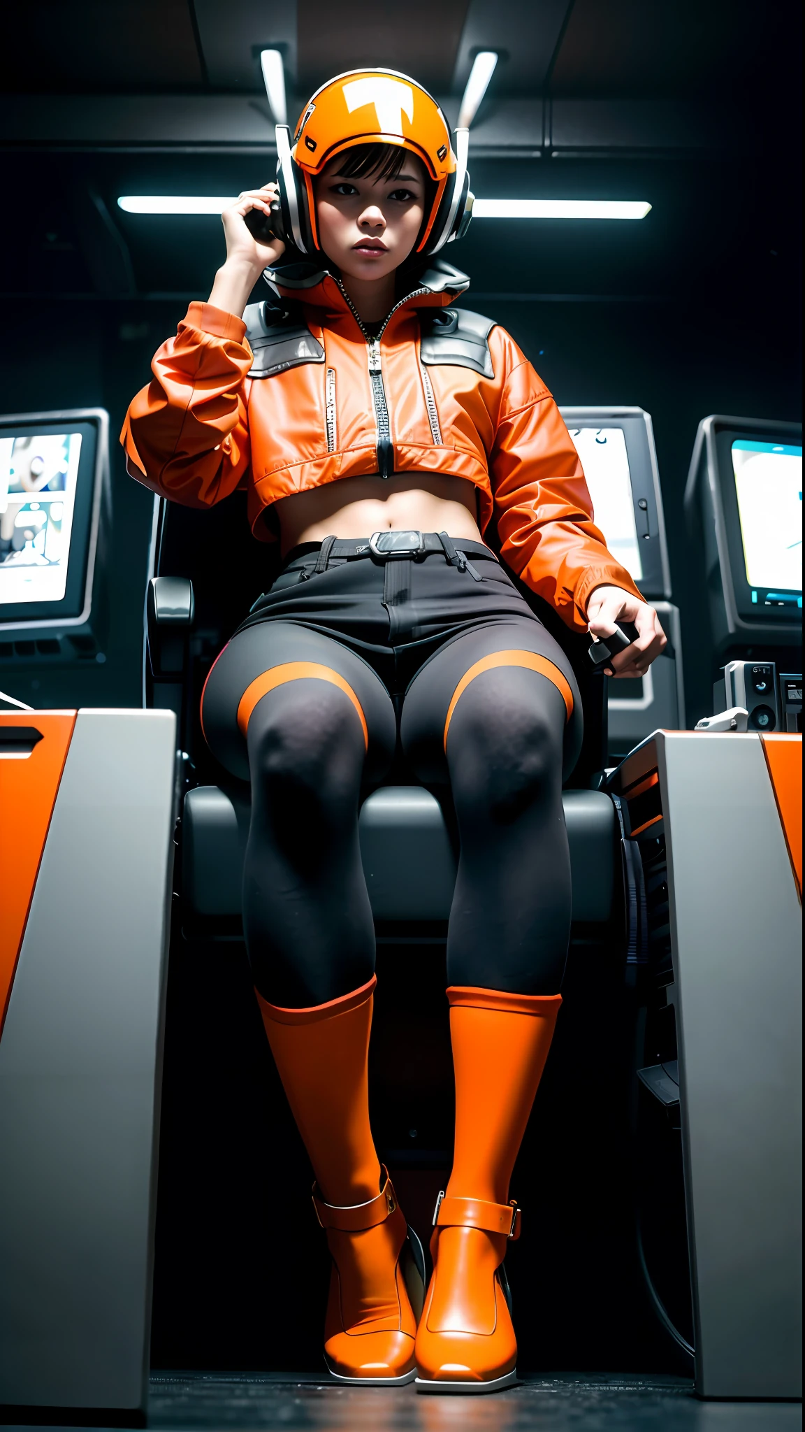 a woman in an orange open space jacket, orange shorts, open zipper, black joystick between the legs, helmet standing, dj panel mix, sitting sad in spaceship, dramatic sci-fi movie still, in a scifi movie, in a spaceship cockpit, sci-fi dj mix still, 4 k movie still, 4k movie still, 8 k movie still, in recording studio, in a spaceship, sci - fi film still erotic, voluptuous, sensual, lascivious, lewd, alluring, arousing, submissive, dominant, fearful, melacholy, sexual, sexy, romantic, BDSM, moody and melanchonic atmosphere nikon d 8 5 0 film stock photograph 4 kodak portra 400 camera f 1 6 lens rich colors hyper realistic lifelike, color baloons