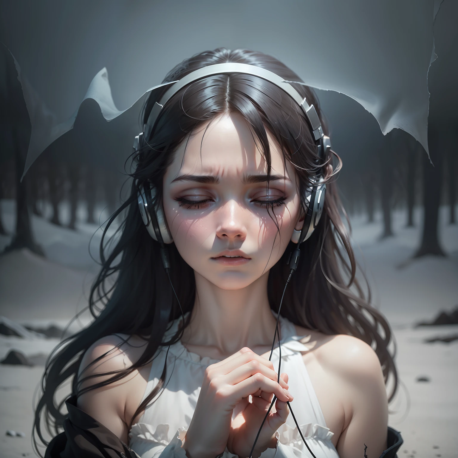 This haunting landscape is encapsulated within a chilling thumbnail, featuring a solitary woman seated on a desolate hill. The ominous aura surrounding her is palpable, evoking a sense of unease and melancholy. She wears a pair of headphones over her ears, her face obscured by shadows, making it difficult to discern her emotions fully. The thumbnail's landscape, though reduced in size, remains powerful, depicting a desolate environment with a dark and eerie ambiance. Despite the haunting scene, the thumbnail is set against a clean, white background, which enhances the visual focus on the woman and her emotions.
The eerie scene conveys a feeling of abandonment and isolation, emphasizing the woman's profound sadness as she listens to hauntingly sad music. The contrast between the haunting landscape and the white backdrop creates a striking visual effect, intensifying the emotional impact of the thumbnail.
Despite its reduced format, the thumbnail conveys a strong emotional impact. The woman's closed eyes and subtle frown hint at her internal struggles, while the music playing through her headphones intensifies the unsettling ambiance. The muted colors of the landscape against the white background add to the haunting atmosphere, casting a spell of sorrow upon the viewer.
This chilling visual portrayal encapsulates a moment of emotional vulnerability and captivates the audience with its raw intensity, making it a compelling and thought-provoking image in thumbnail size. The white background adds a touch of simplicity and focus to the overall composition, drawing attention to the central elements of the scene and making it visually impactful.