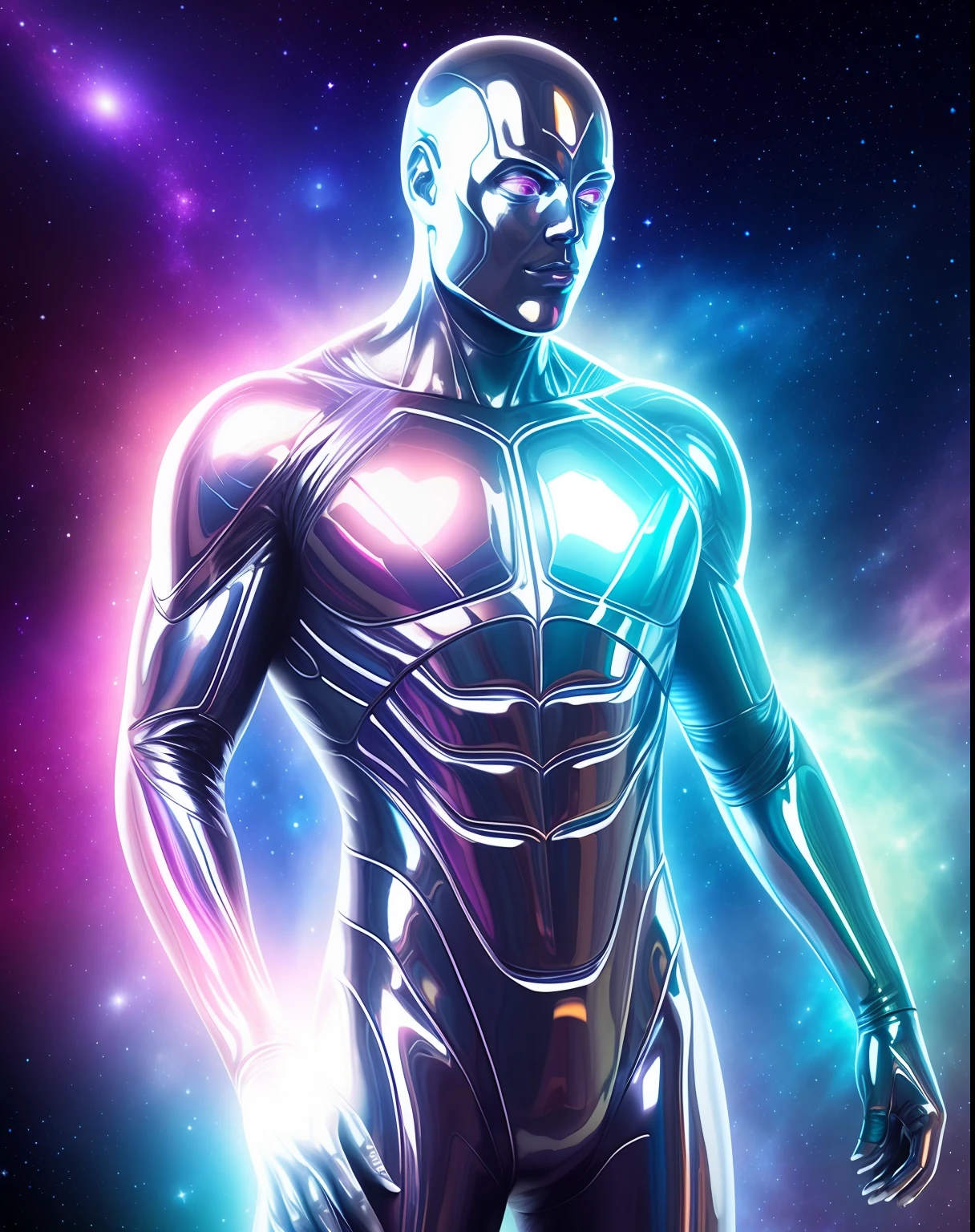 Silver Surfer, skin texture, galaxy background, detail face, detail background, little blur, dramatic lights, HDR, photo realistic, professional photo, color universe background, luzes refletindo, pele prateada refletindo cores, Cosmic aura