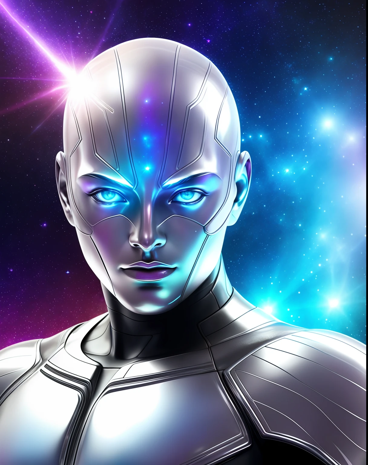 Silver Surfer, skin texture, galaxy background, detail face, detail background, little blur, dramatic lights, HDR, photo realistic, professional photo, color universe background, luzes refletindo, pele prateada refletindo cores, Cosmic aura