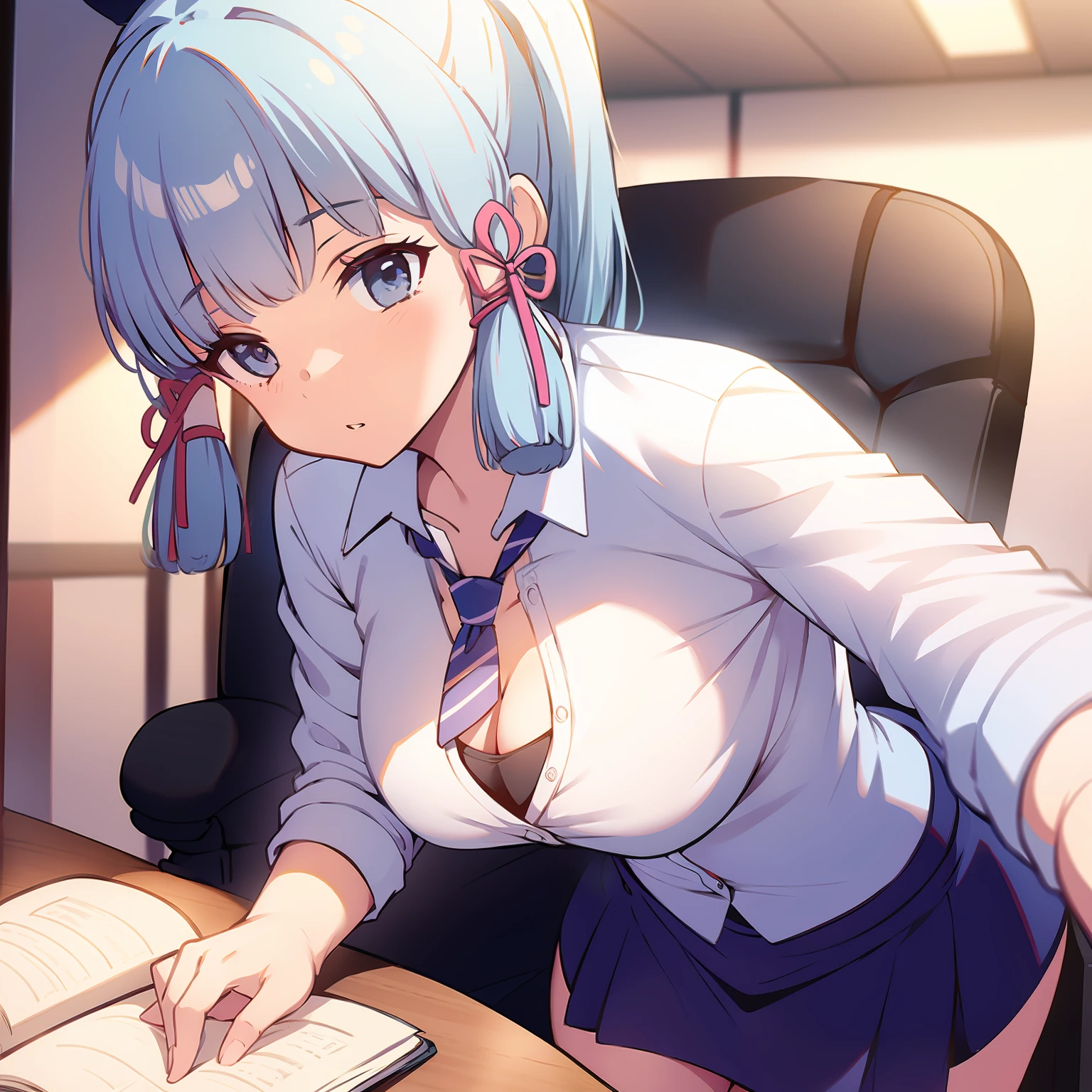 Una chica en la oficina vestida de secretaria con la camisa poco abotonada mostrando los pechos