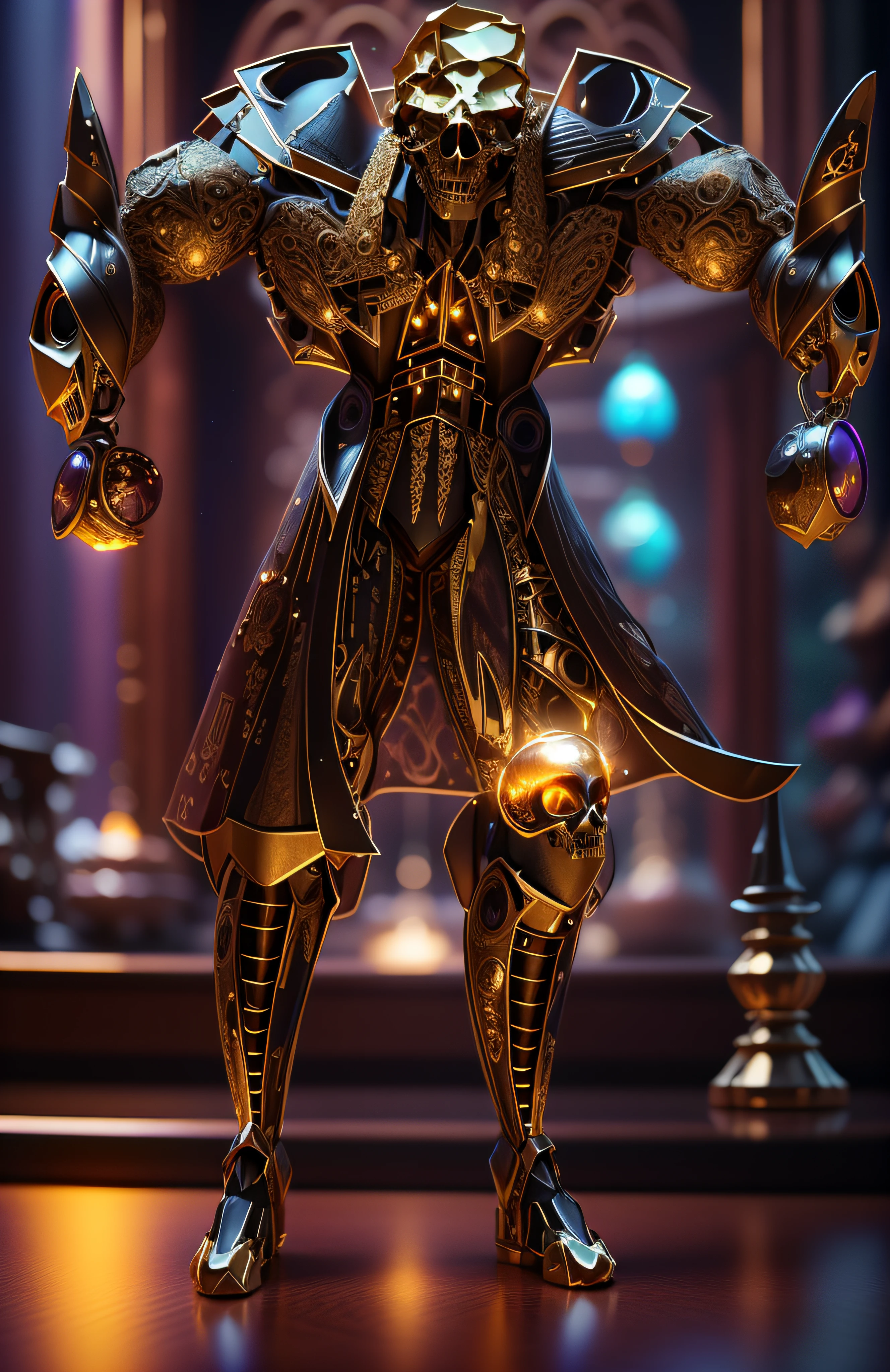 The sinister depiction of a skull-themed pirta, alaranjado luminoso e bege com dourado, pele feita de neon amarelo, 3D-rendering, Hyper-realistic graphics, 3D-rendering, 8k, NVIDIA, RTX 4090 | | | | | | | | | | | | | | | | |, ray tracing, Bokeh, Galaxy scenery,