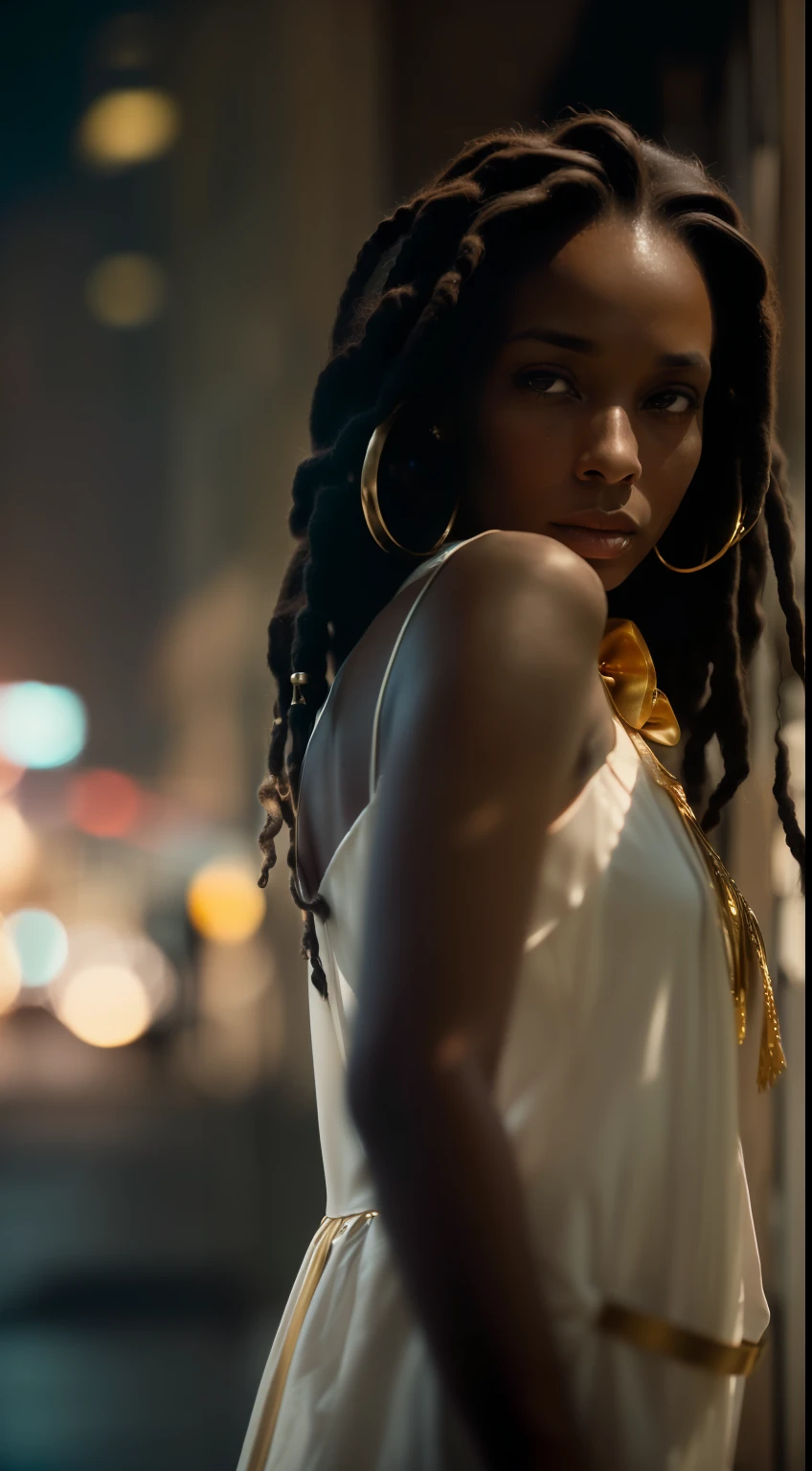 ( 
    (Character: one Brazilian woman, dark skin, black skin, black hair, mega hair, dreadlocks:1.3, long legs, tall)
    (Clothing:  white elegant short dress, golden jewels, golden collars)
    (Posing against a city street at night)
    (Abstract colors, texture, film grain, analog style, cinematic movie still frame)
    (Skin pores, dusty atmospheric haze, vignetting, wrinkles:0.2, intricate hasselblad dslr RAW dramatic portrait photo, eye contact, nofilter selfie, (backlit)1.2, (film grain)1.2)
)